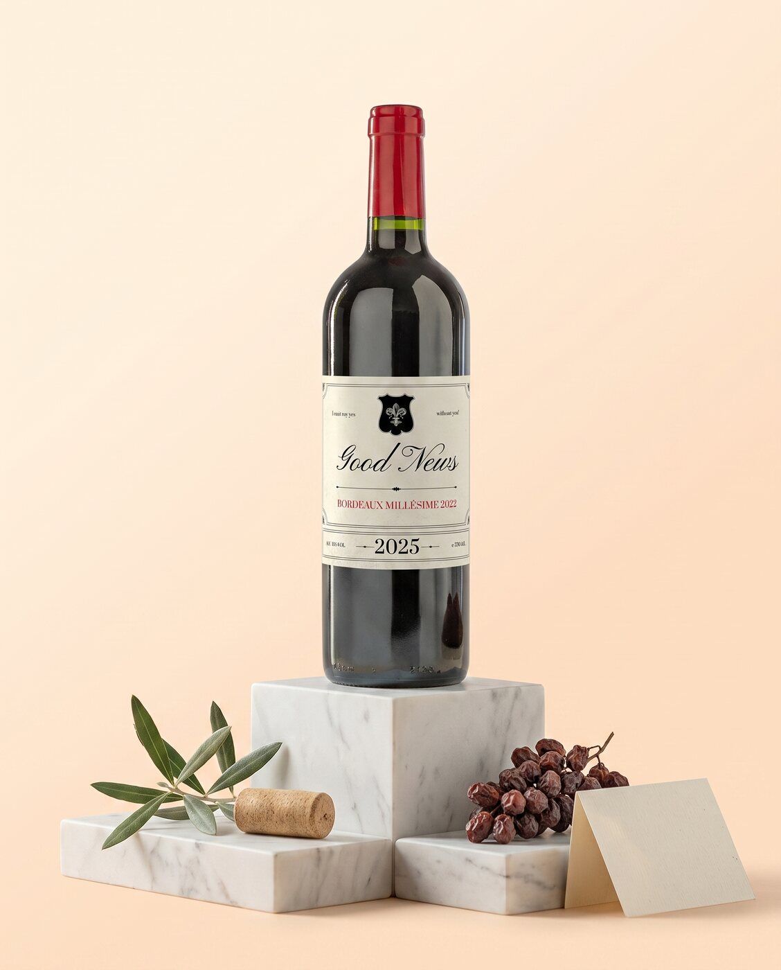 Personalised red wine with a minimal Good News label
