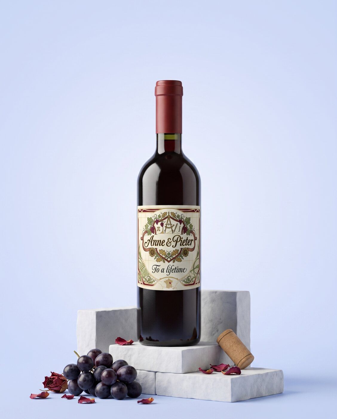 Personalised red wine bottle with a wedding label as a wedding gift