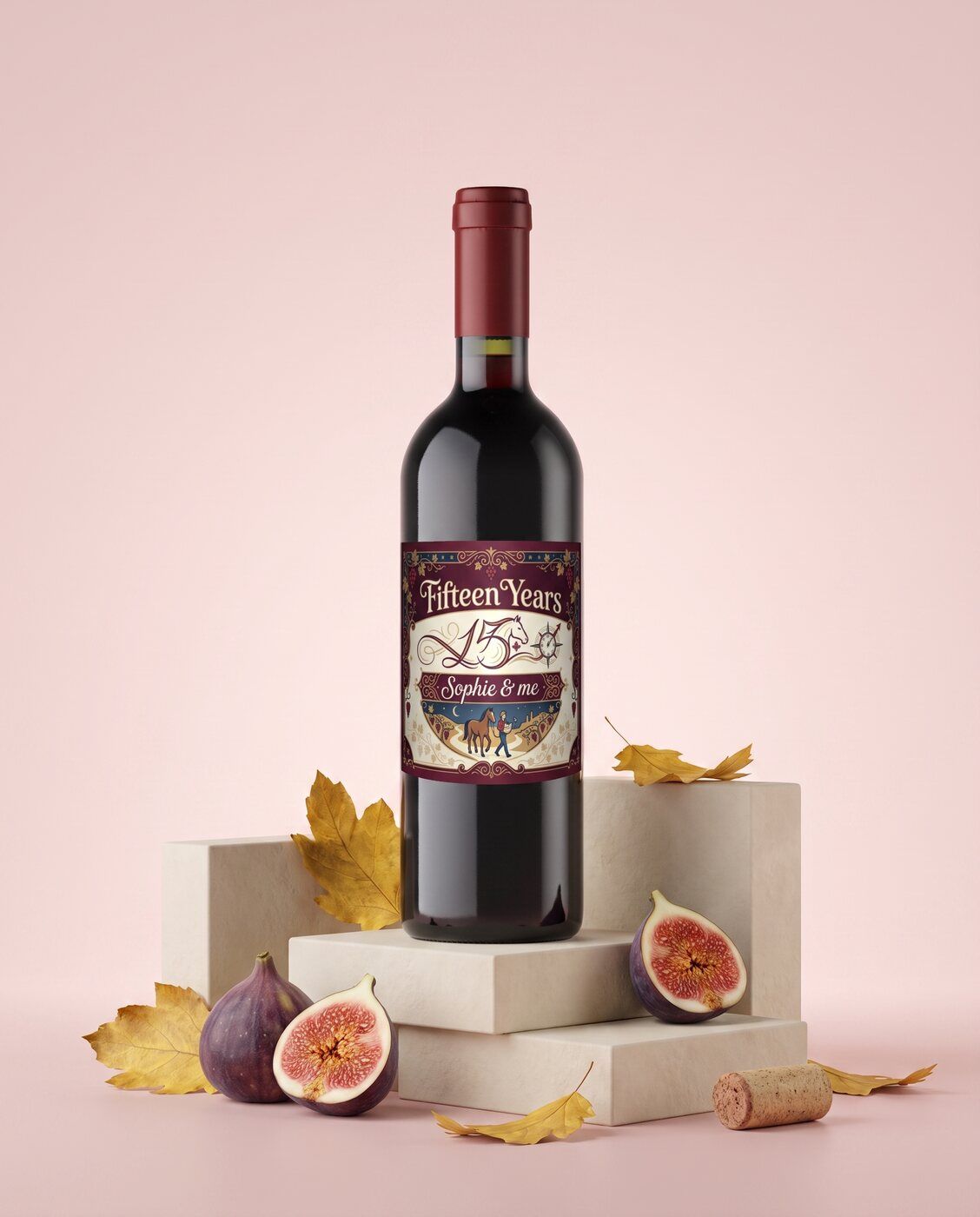 Personalised red wine with a fifteen years anniversary label