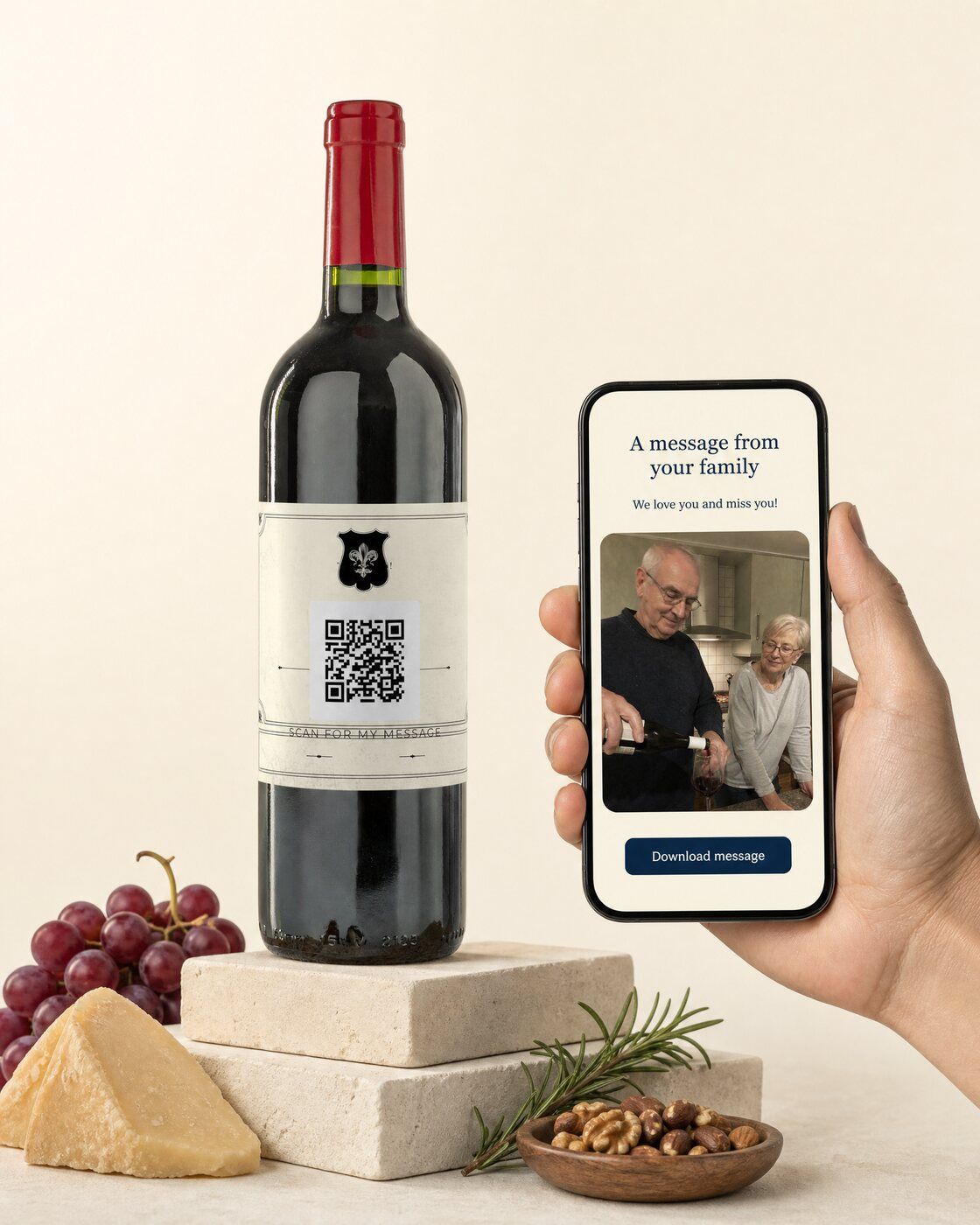 Personalised red wine bottle with a QR code label linking to a video message