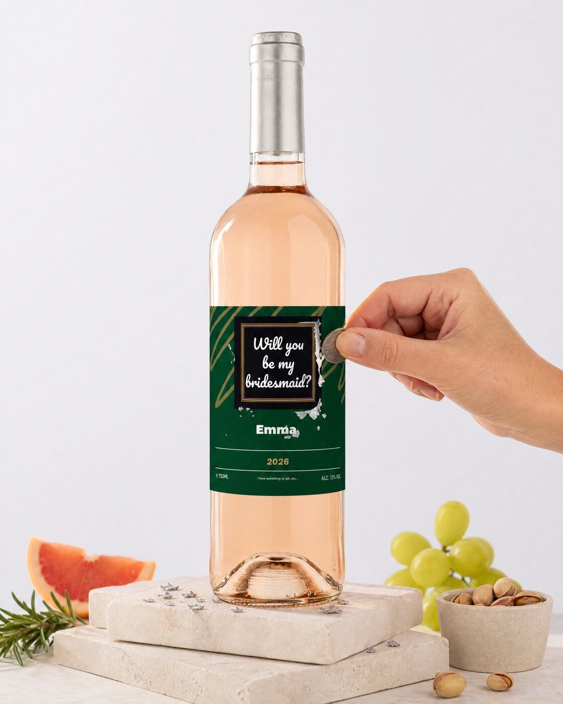 Personalised rosé wine bottle with a scratch-off label hiding a secret message