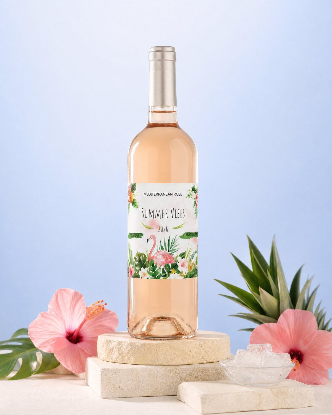 Personalised rosé with a tropical summer vibes label