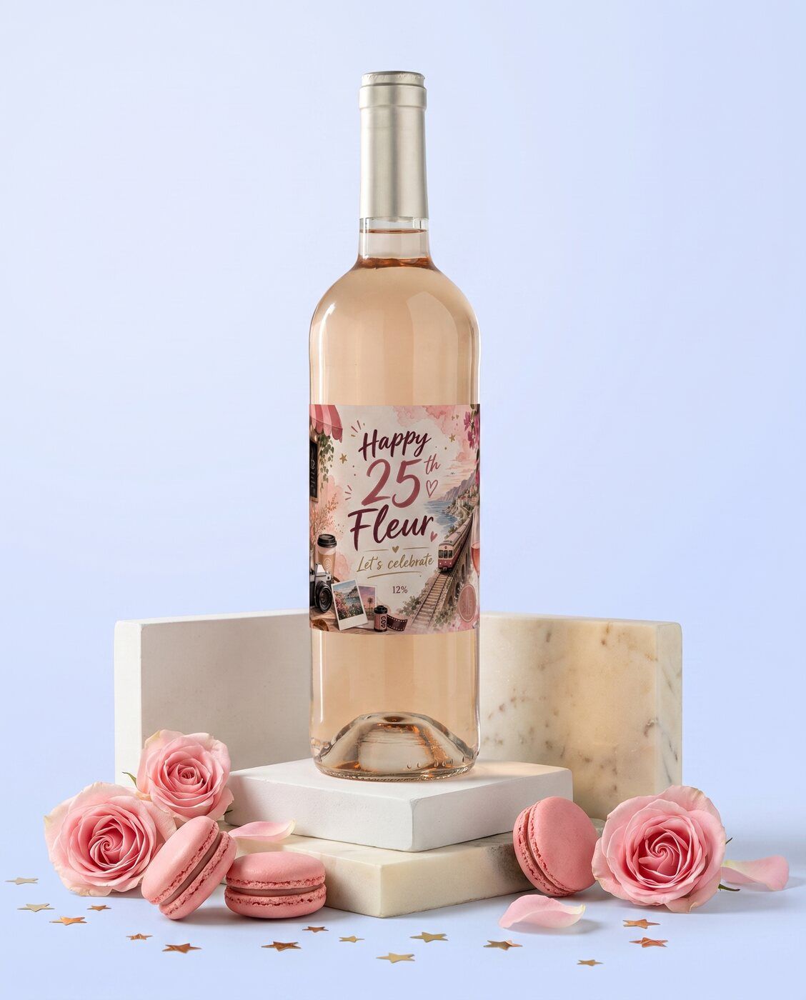 Personalised rosé with a Happy 25th birthday label