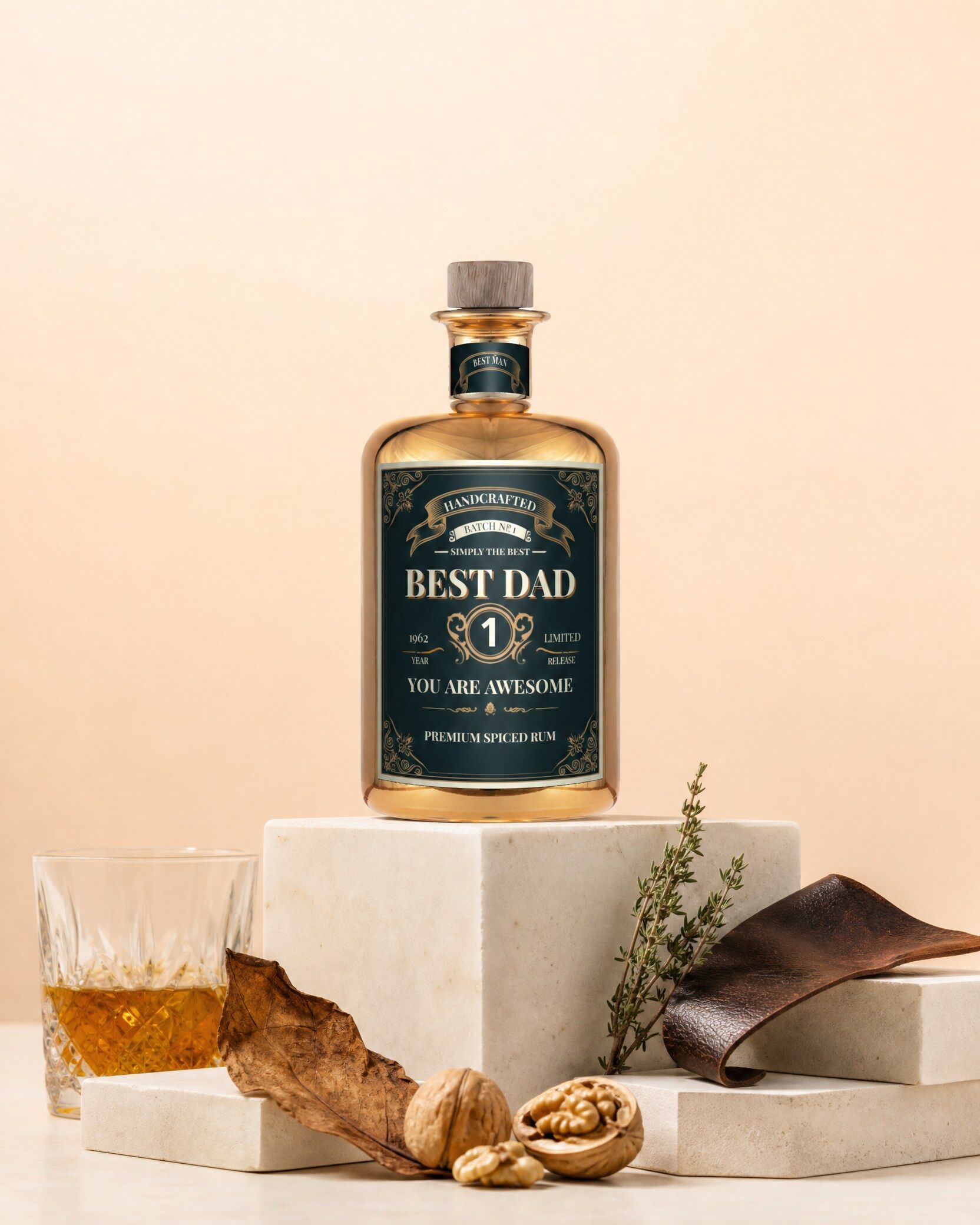 Gepersonaliseerde rum met gouden etiket voor de beste papa