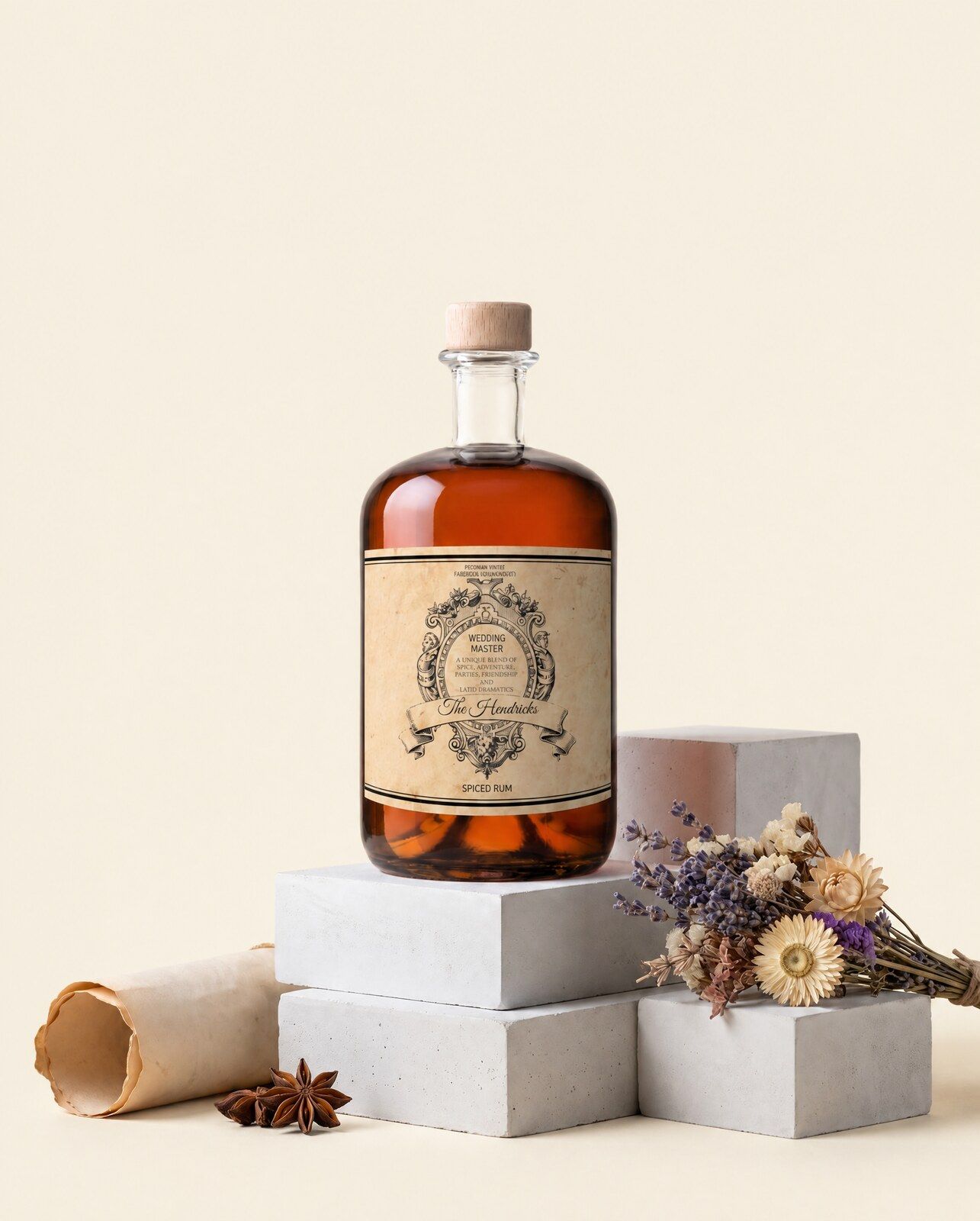 Gepersonaliseerde rum magnum met een vintage etiket als huwelijkscadeau