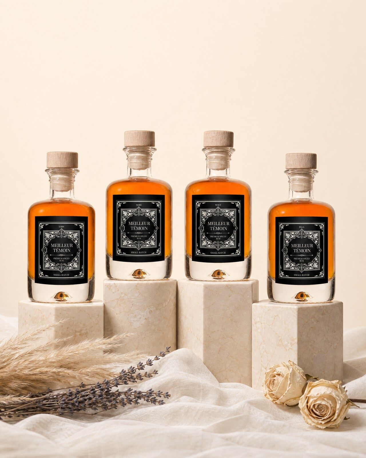 Vier gepersonaliseerde rum mini flesjes met een klassiek zwart etiket voor de getuigen