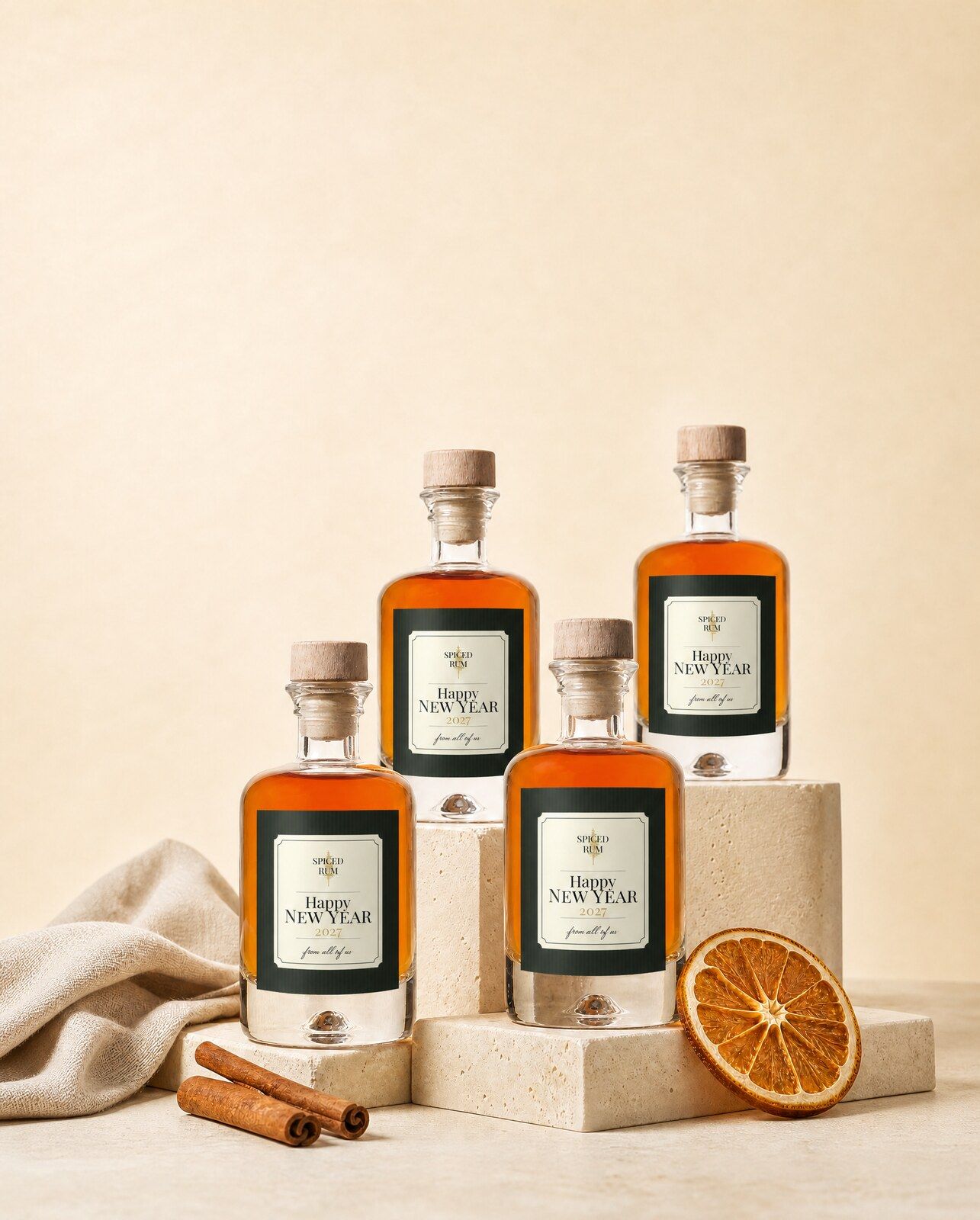 Vier gepersonaliseerde rum mini flesjes met een nieuwjaarsetiket als eindejaarsgeschenk