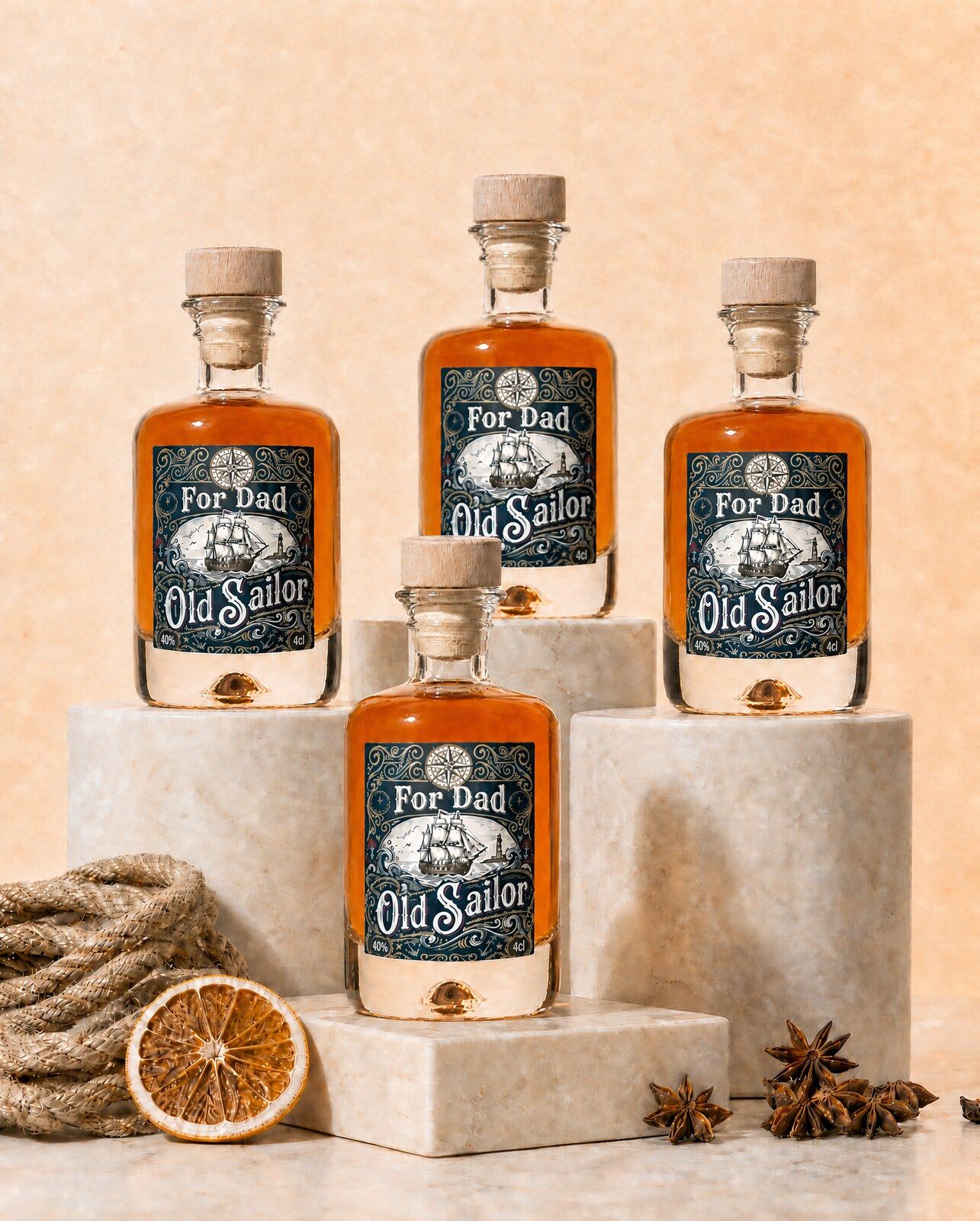 Vier gepersonaliseerde rum mini flesjes met een etiket voor papa als vaderdagcadeau