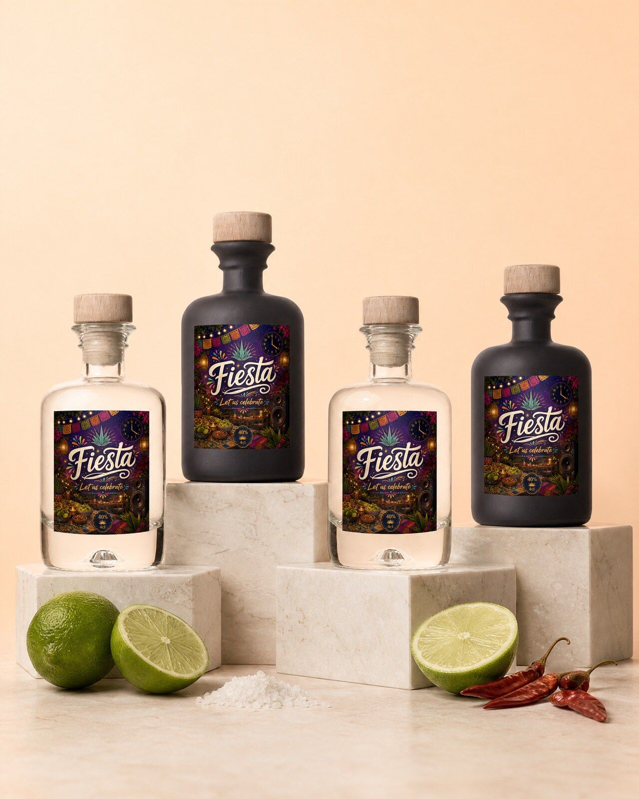 Gepersonaliseerde tequila mini flesjes in helder en mat zwart glas voor een feest
