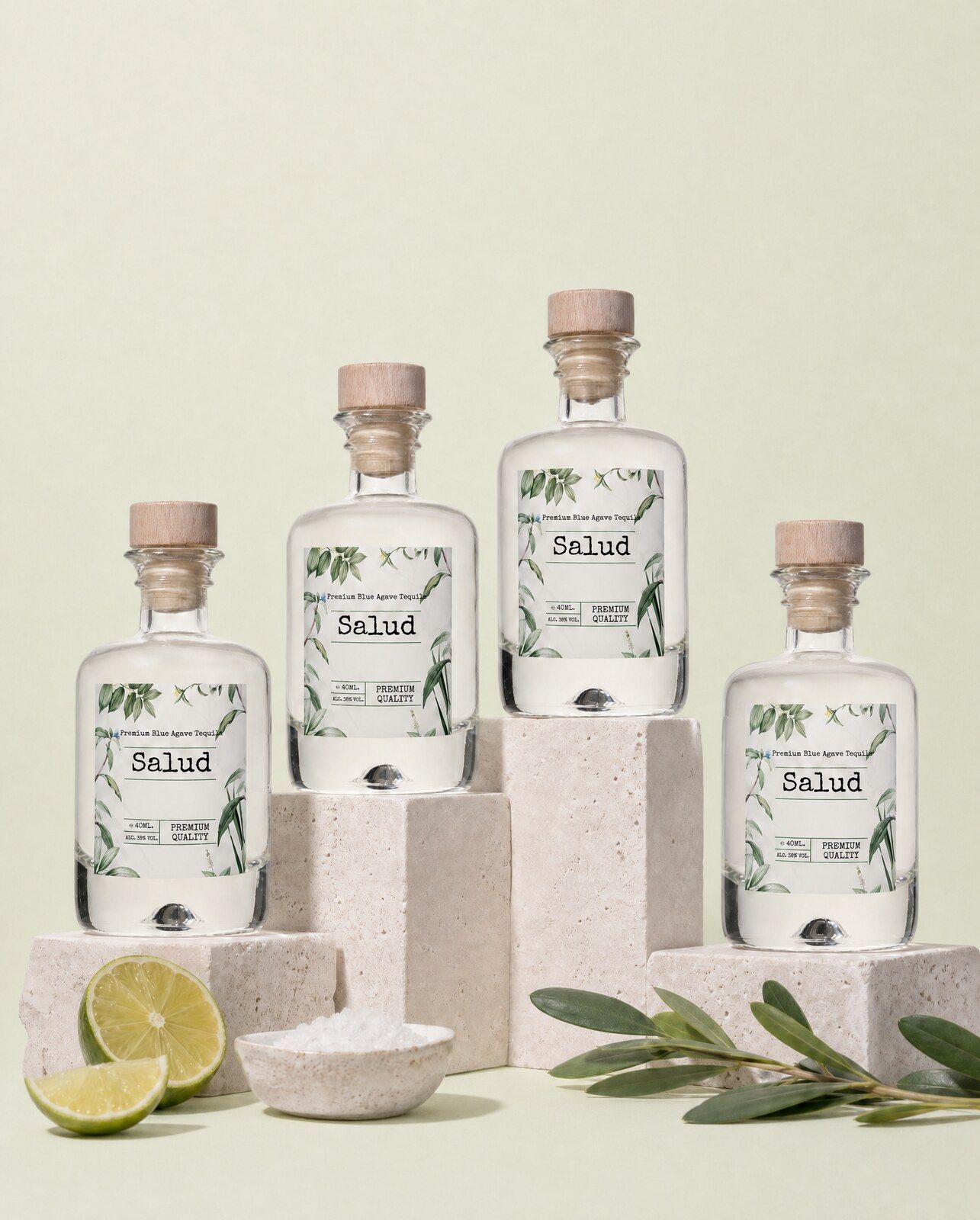 Vier gepersonaliseerde tequila mini flesjes met een botanisch Salud-etiket