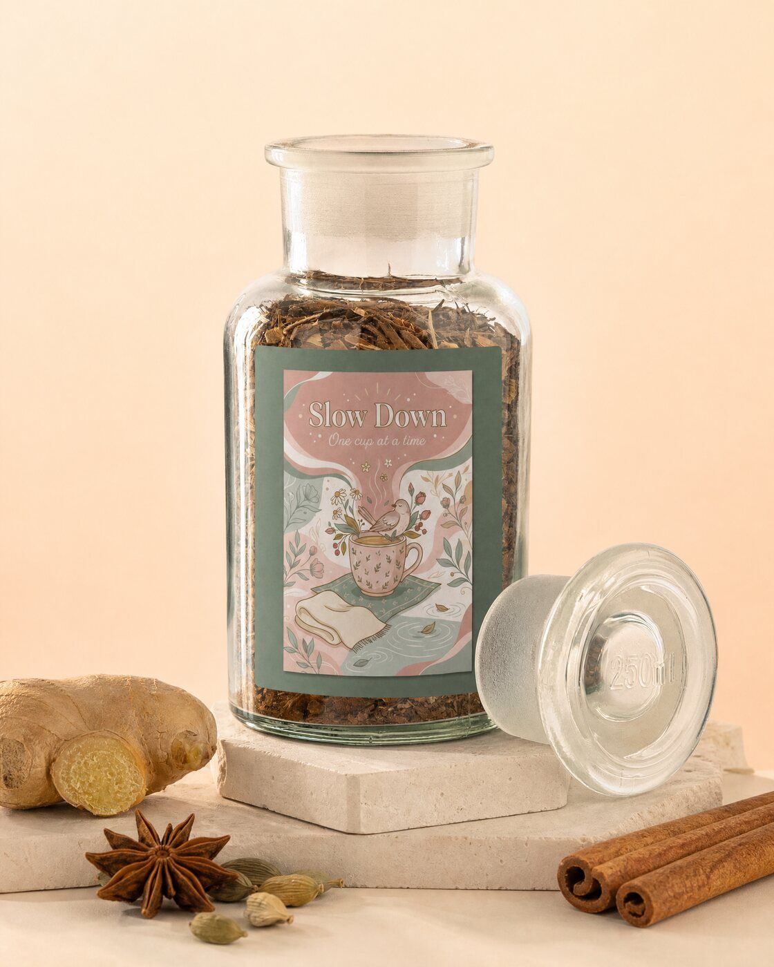 Personalised chai tea jar with a Slow Down label