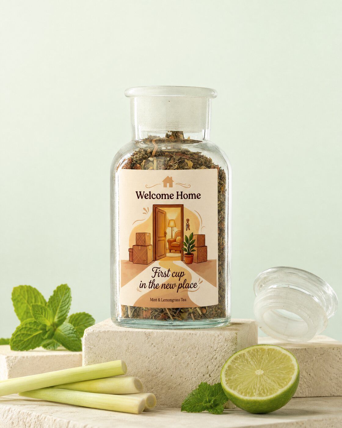 Personalised mint tea jar with a Welcome Home label as a housewarming gift