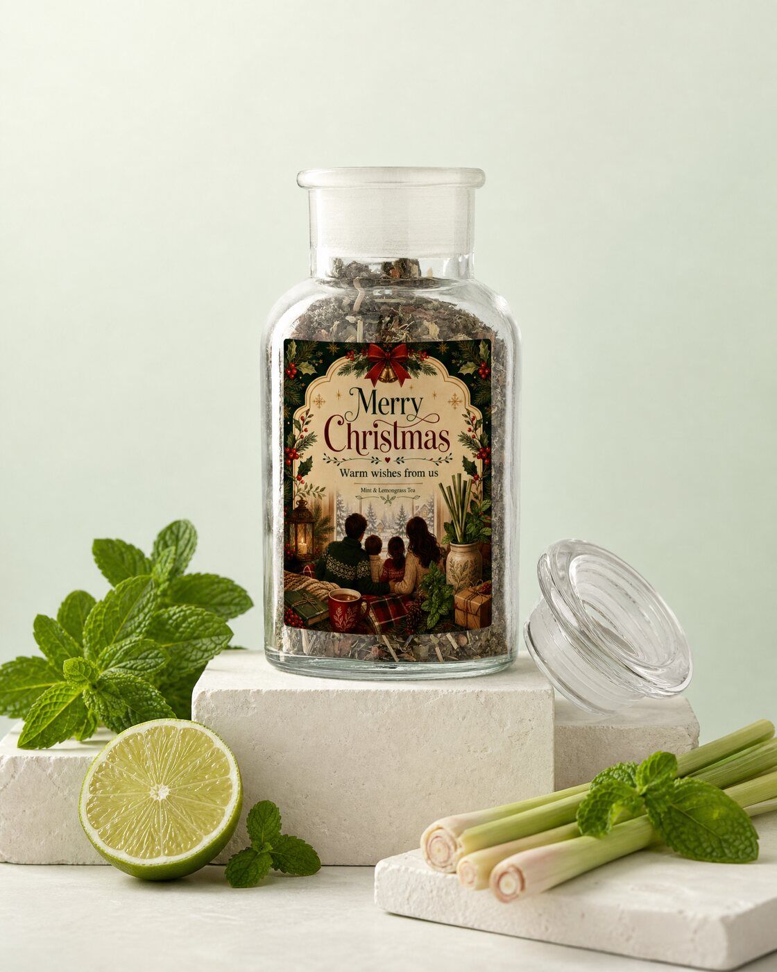 Personalised mint tea jar with a Merry Christmas label as a Christmas gift