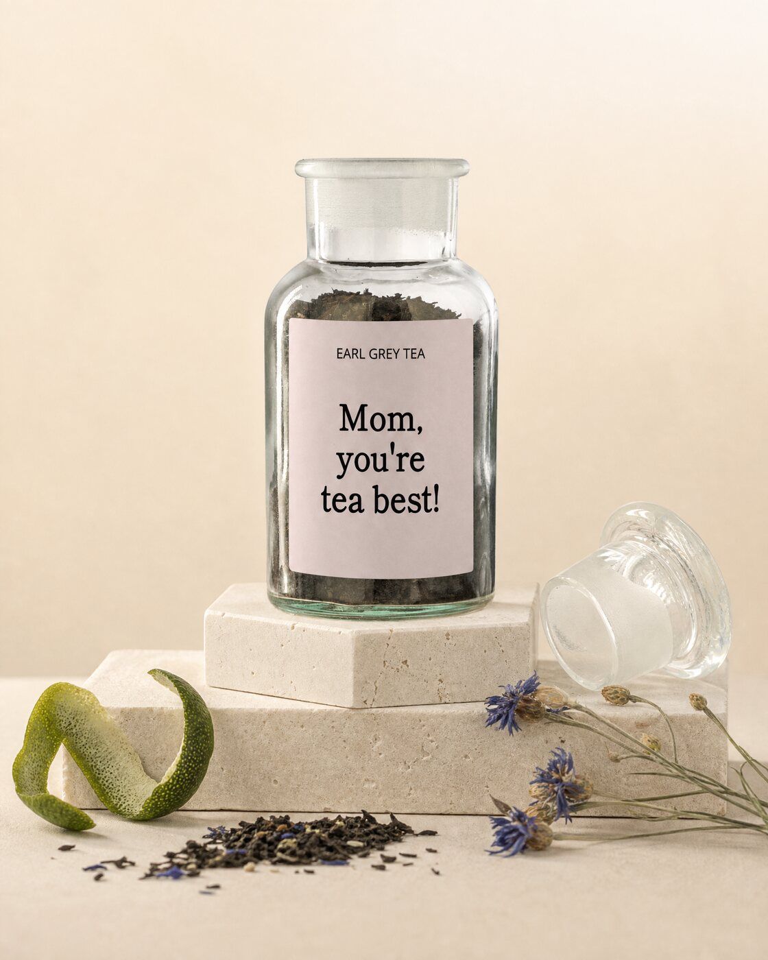 Personalised tea jar with a Mom you're tea best label