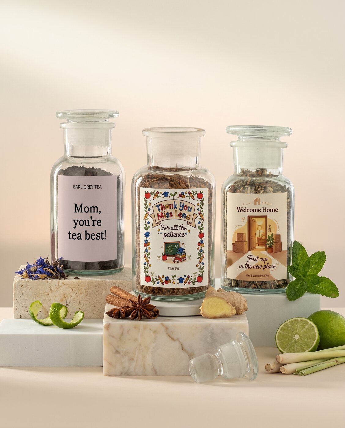 The three personalised tea varieties side by side: Earl Grey, chai and mint with lemongrass