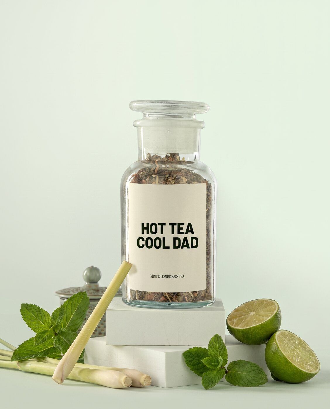 Personalised mint tea jar with a Hot Tea Cool Dad label as a Father's Day gift