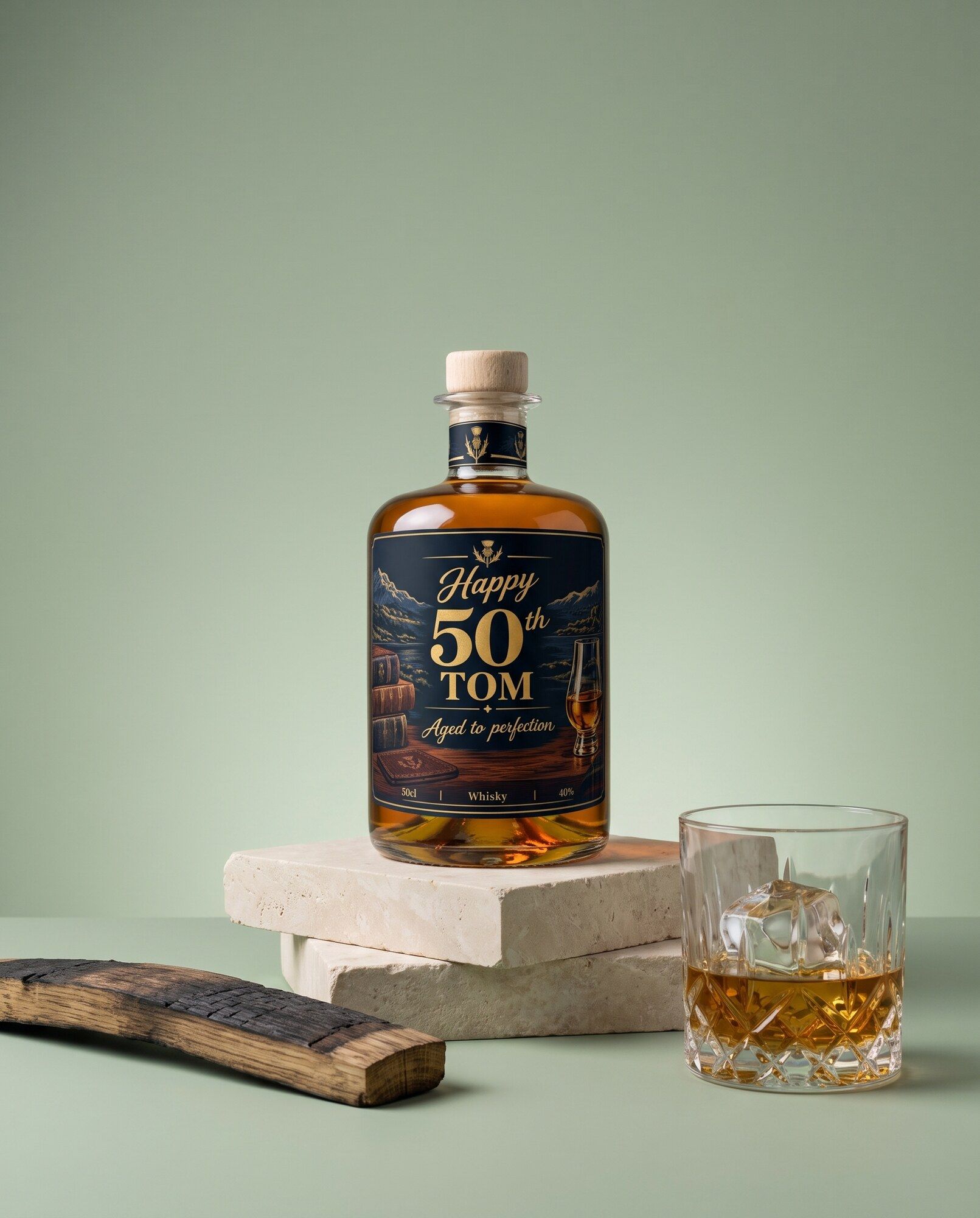Gepersonaliseerde whisky met eigen etiket voor een vijftigste verjaardag, met gevuld whiskyglas