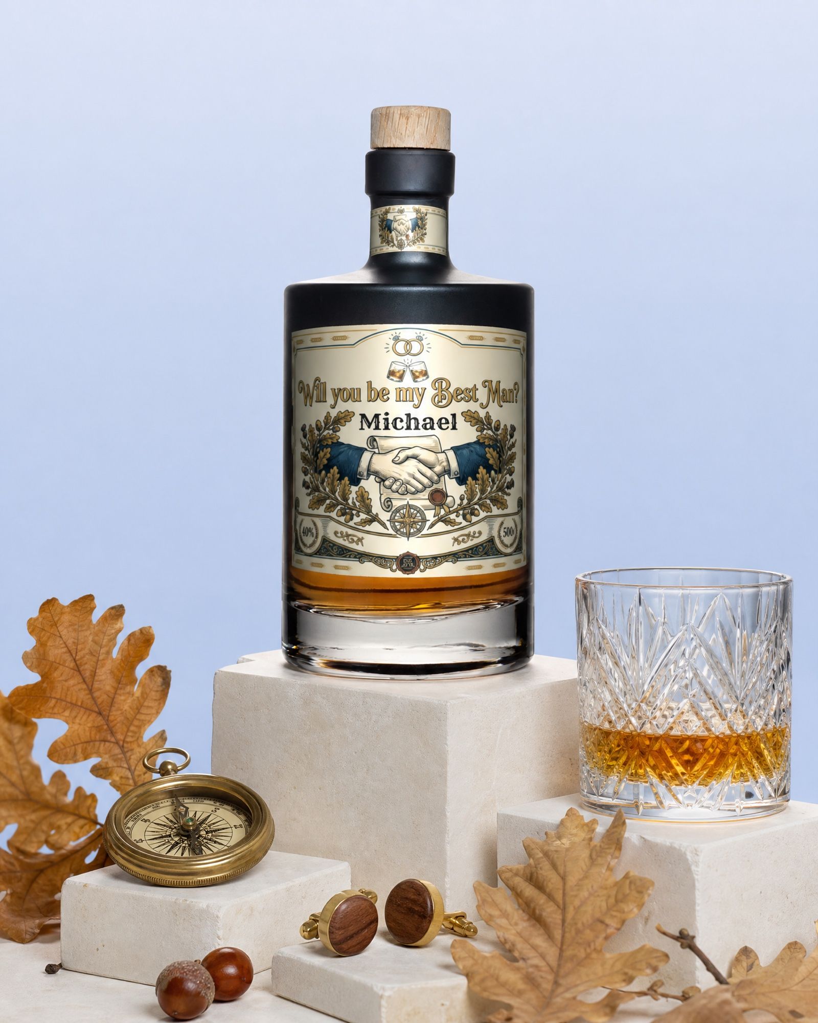 Gepersonaliseerde whisky om iemand getuige te vragen op je huwelijk