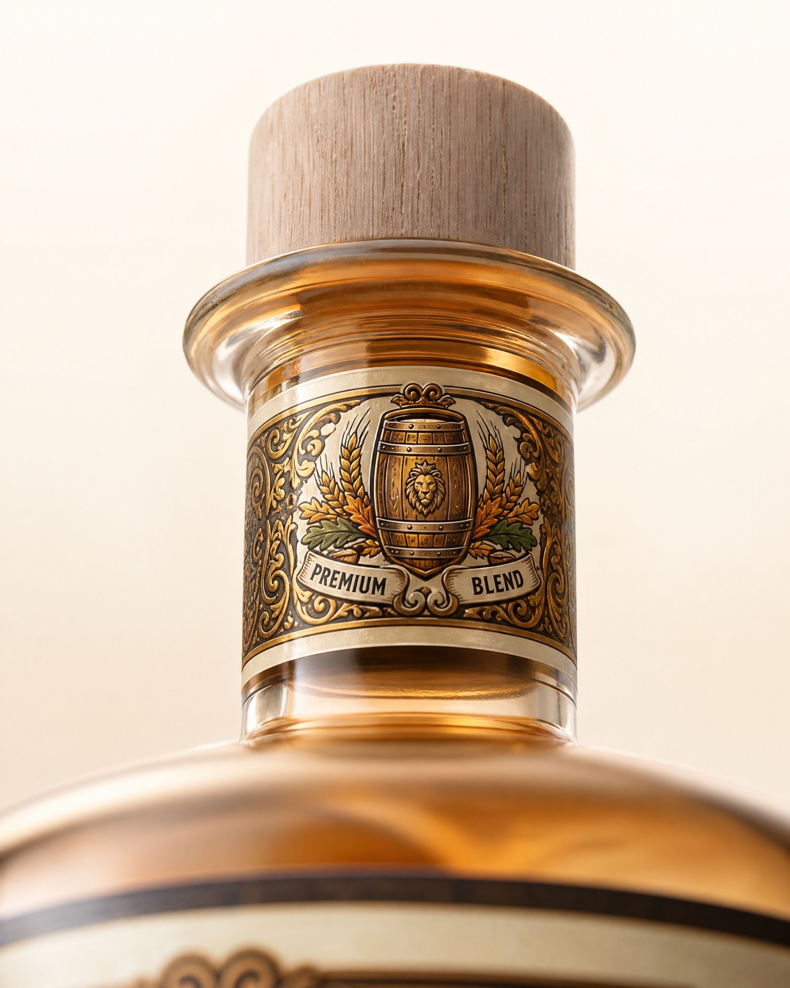 Close-up van het halsetiket en de houten kurk van een gepersonaliseerde fles whisky