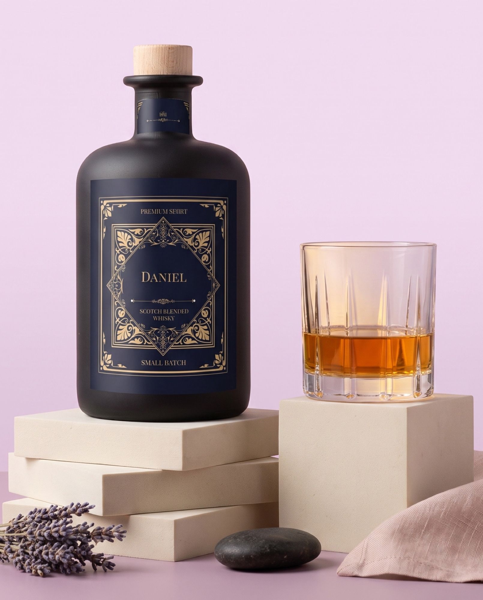 Gepersonaliseerde whisky met naam op het etiket, naast een gevuld kristallen whiskyglas