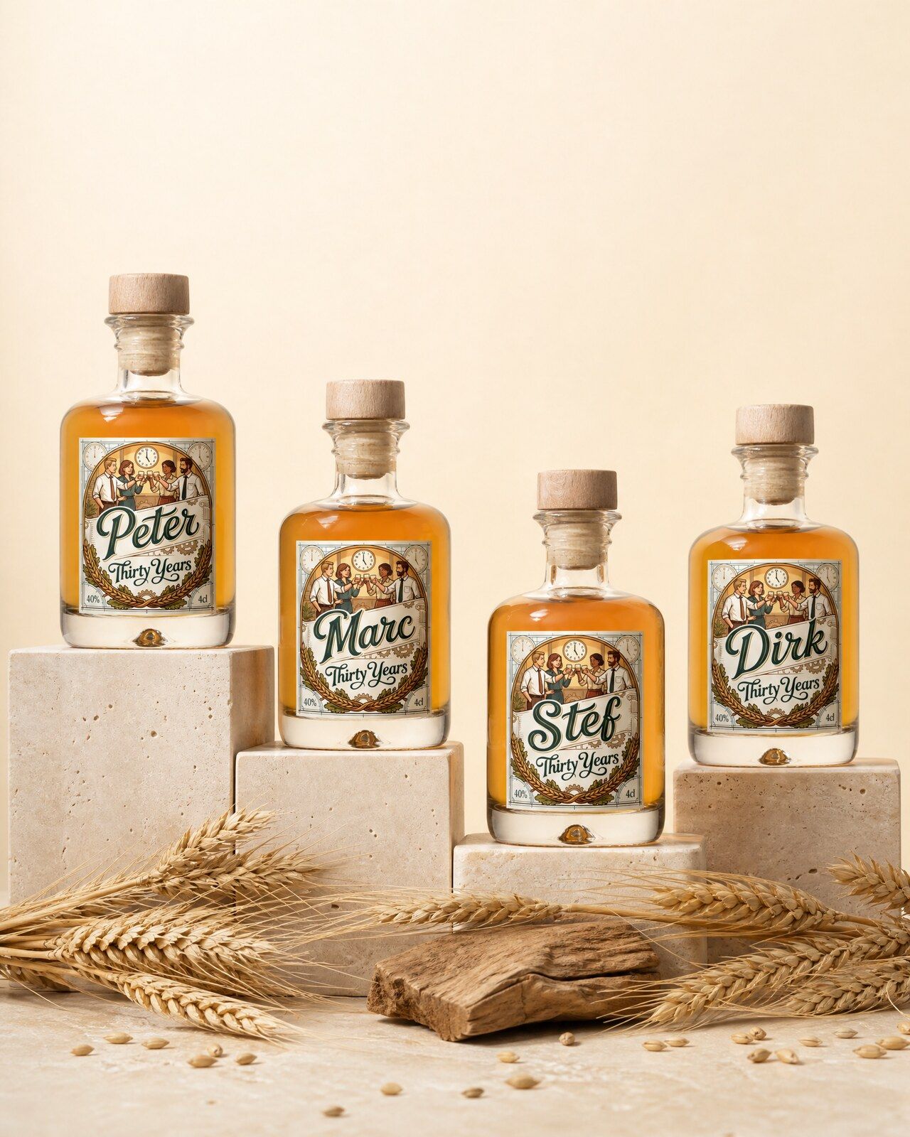 Vier gepersonaliseerde whisky mini flesjes met de namen van de collega's als afscheidscadeau