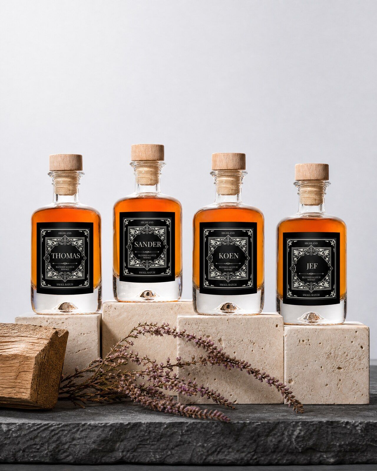 Vier gepersonaliseerde whisky mini flesjes met een klassiek Highland-etiket en een eigen naam