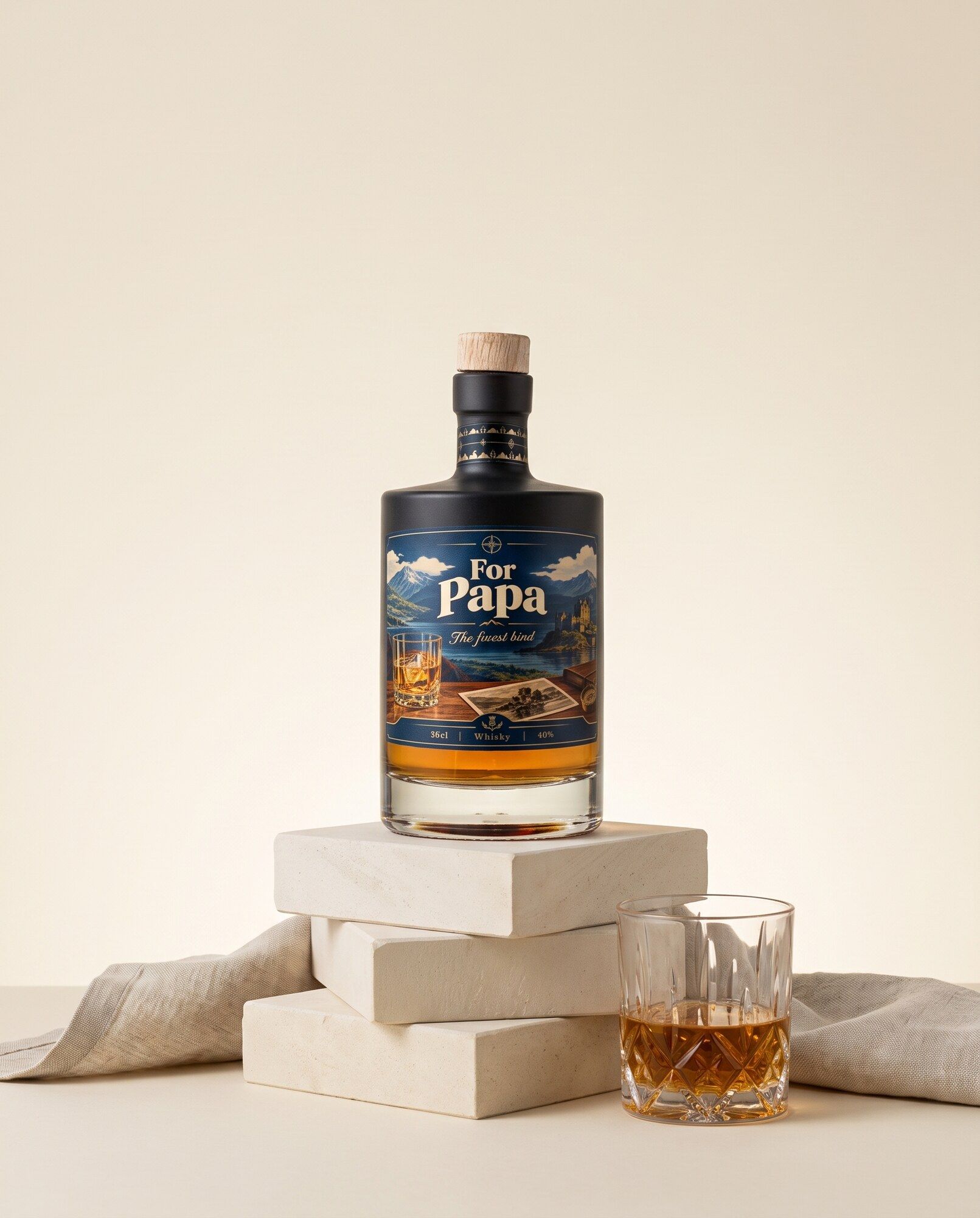 Gepersonaliseerde whisky met eigen etiket voor papa, in zwarte fles met gevuld glas