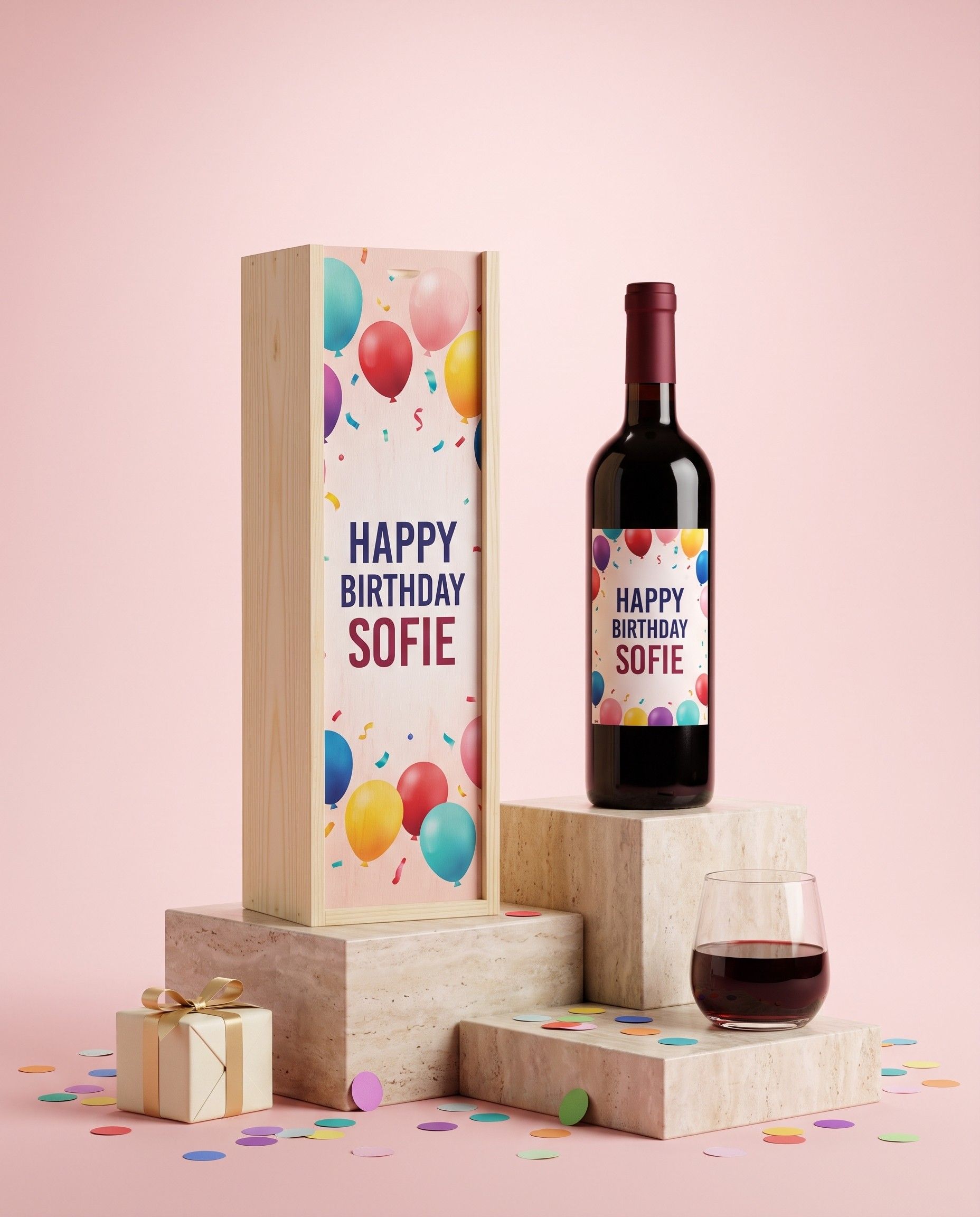 Gepersonaliseerde wijn in een houten kist met kleurrijk bedrukt deksel Happy Birthday Sofie en een glas rode wijn