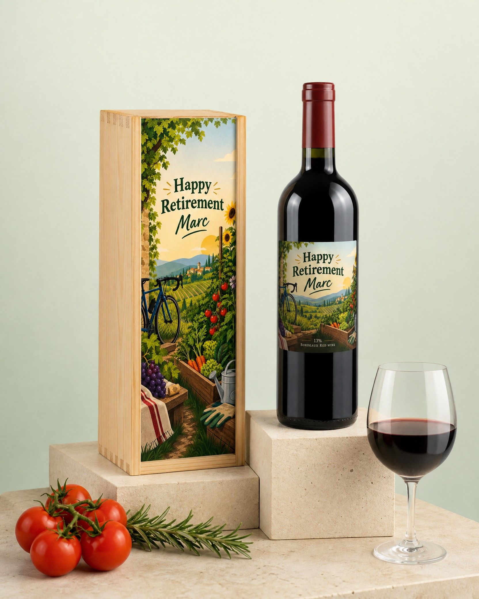 Gepersonaliseerde wijn in een houten kist met bedrukt deksel Happy Retirement Marc, met tomaten en een glas rode wijn