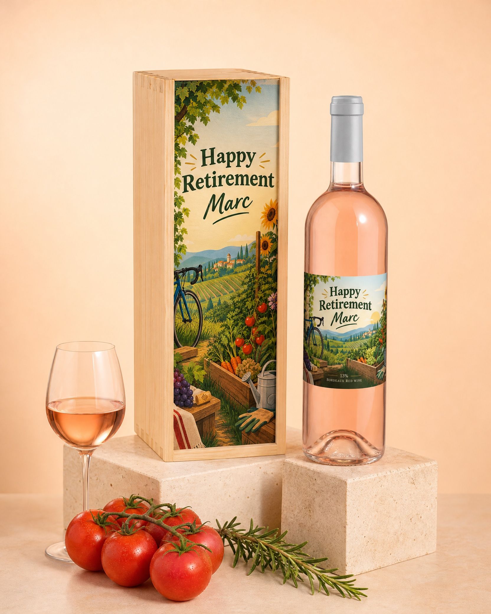 Houten kist met één fles gepersonaliseerde rosé en bedrukt deksel Happy Retirement Marc, met een gevuld glas rosé