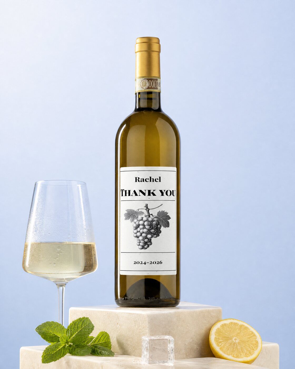 Personalised white wine with a thank you label as a farewell gift