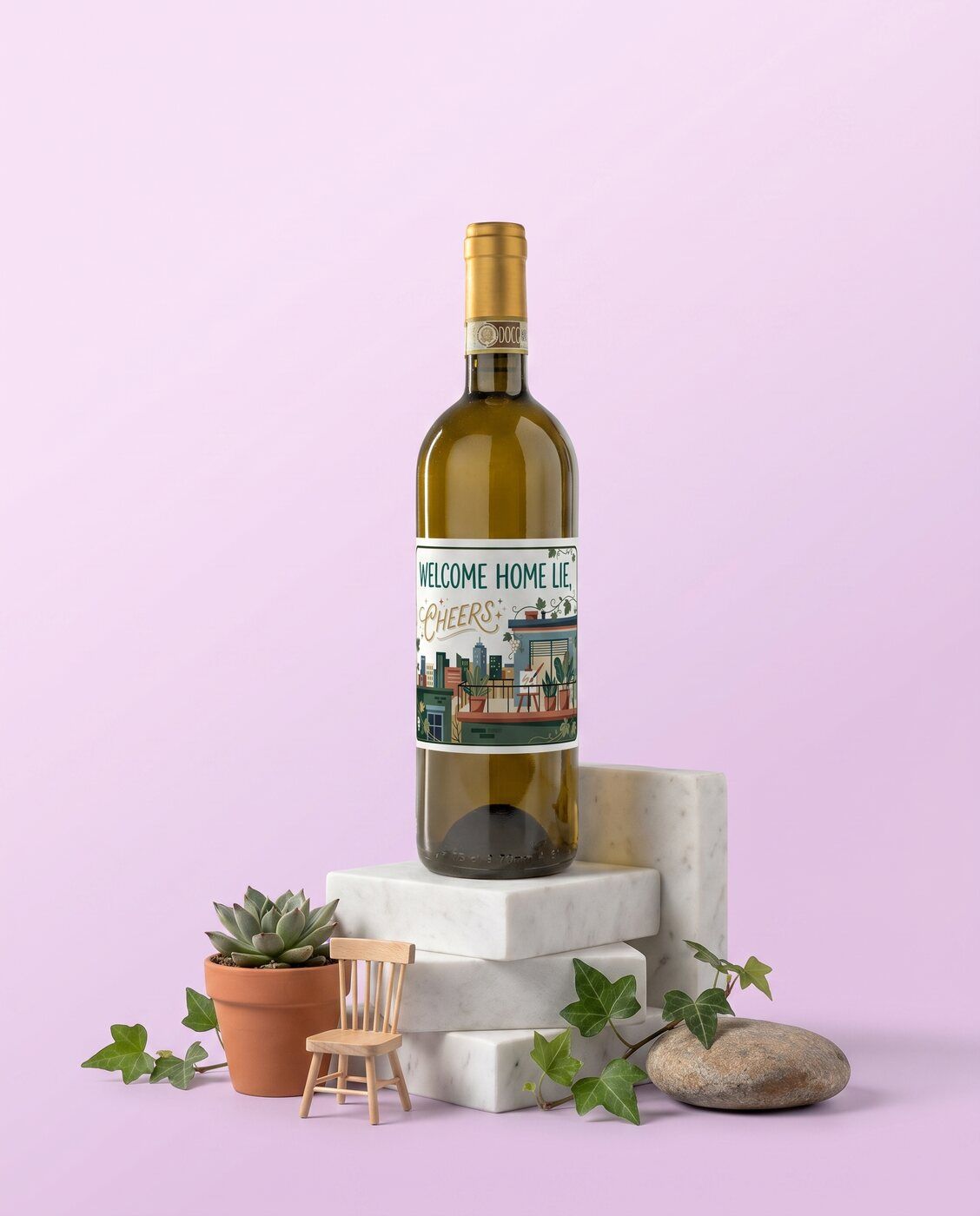 Personalised white wine bottle with a Welcome Home label as a housewarming gift
