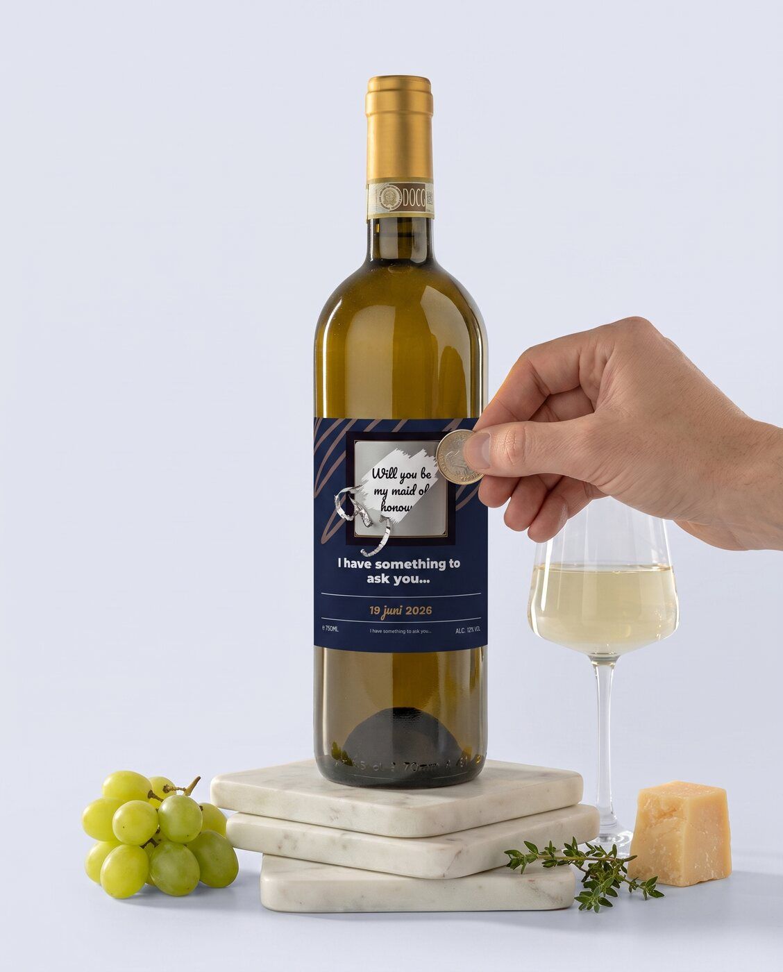 Personalised white wine bottle with a scratch-off label hiding a secret message