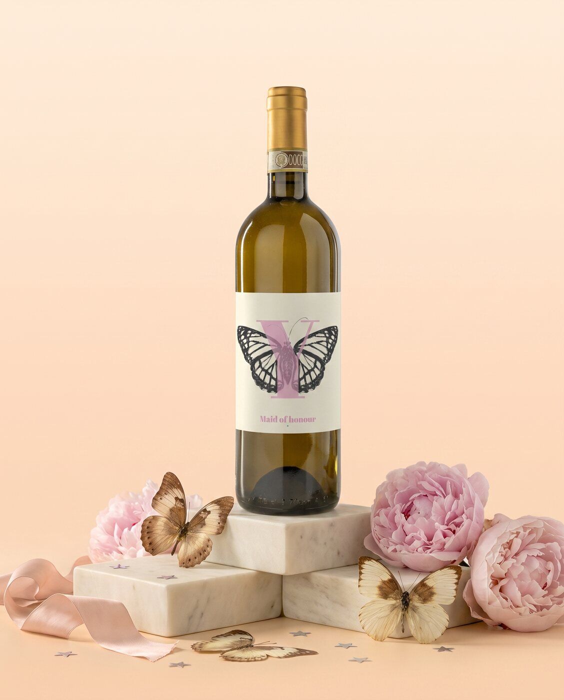 Personalised white wine with a butterfly summer label