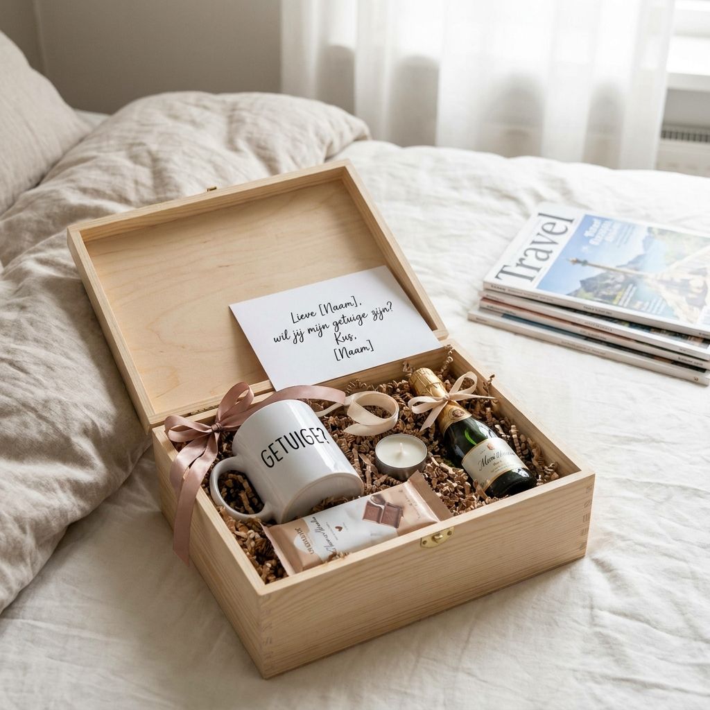 Amerikaanse proposal box met cadeautjes en kaart voor het vragen van een getuige