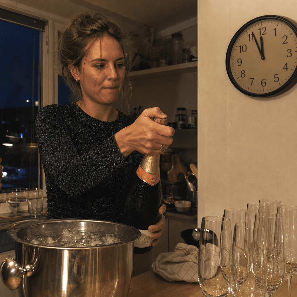 Vrouw ontkurkt koude fles bubbels bij countdown naar middernacht, glazen klaar om in te schenken