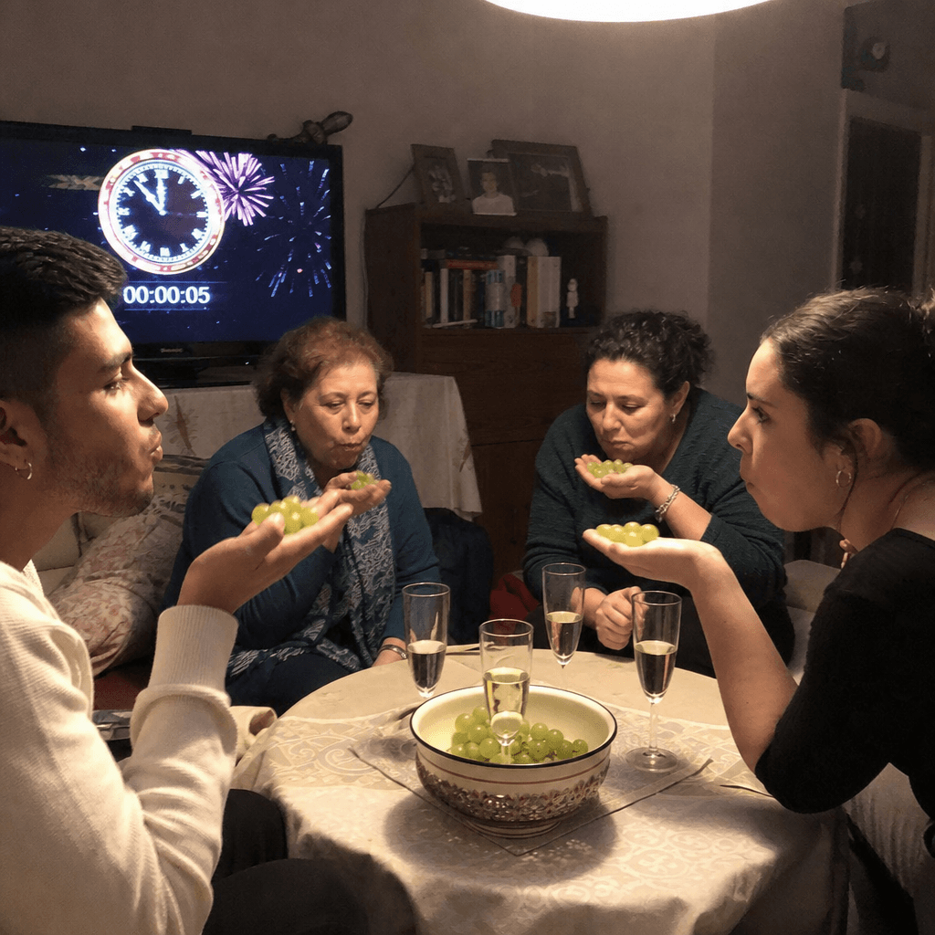 Familie eet traditiegetrouw twaalf druiven bij het middernachtelijke bubbelmoment op oudejaarsavond