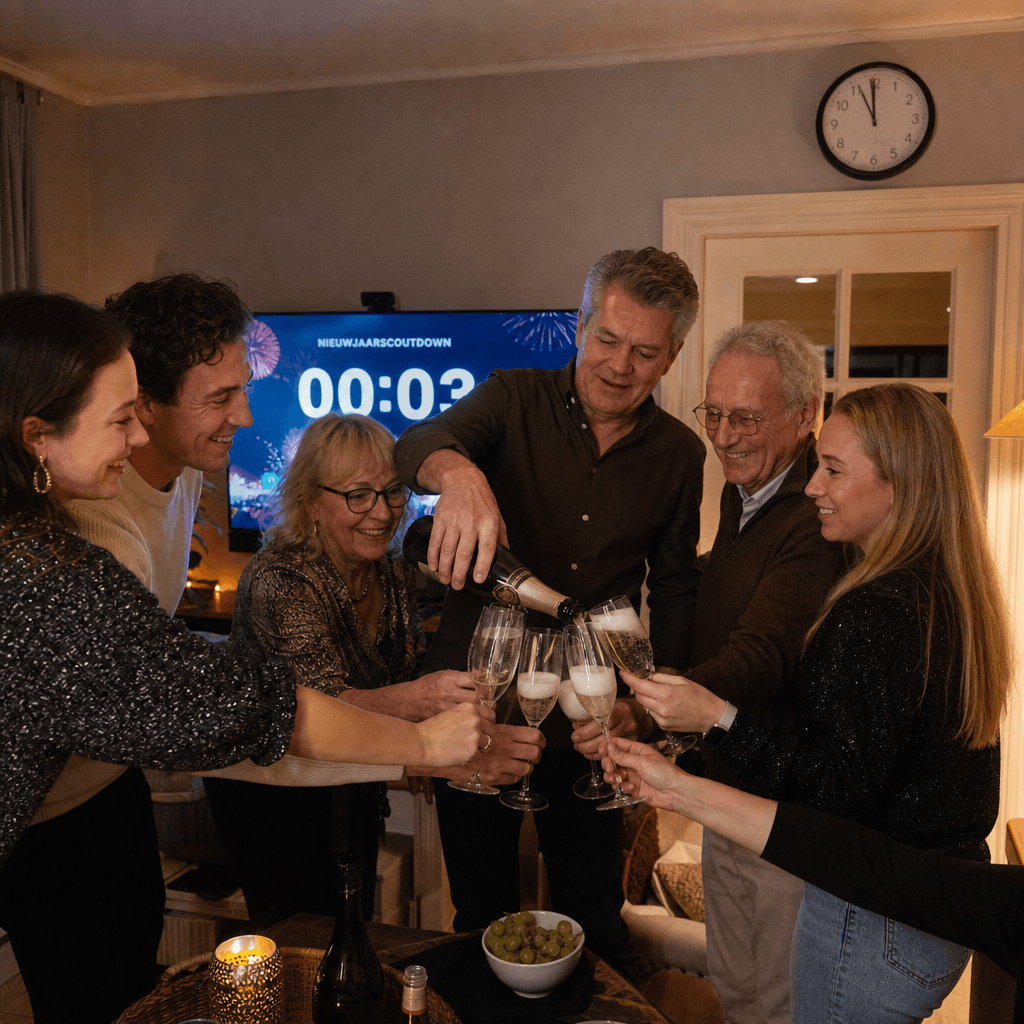 Familie verzameld rond ontkurkte fles bubbels vlak voor middernacht op oudejaarsavond
