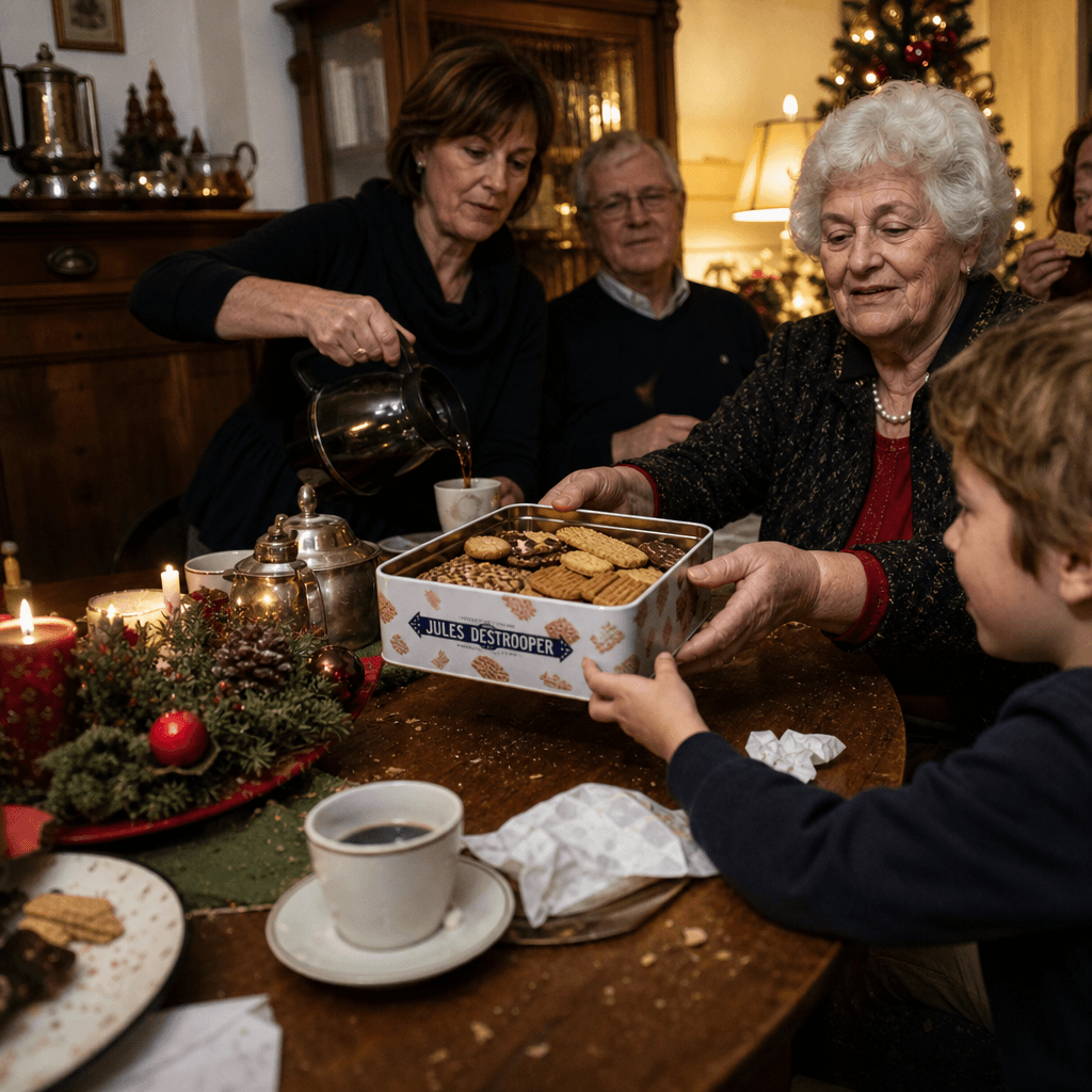 Belgisch gezin deelt koekjes tijdens het kerstdiner, een traditie die teruggaat tot 1890