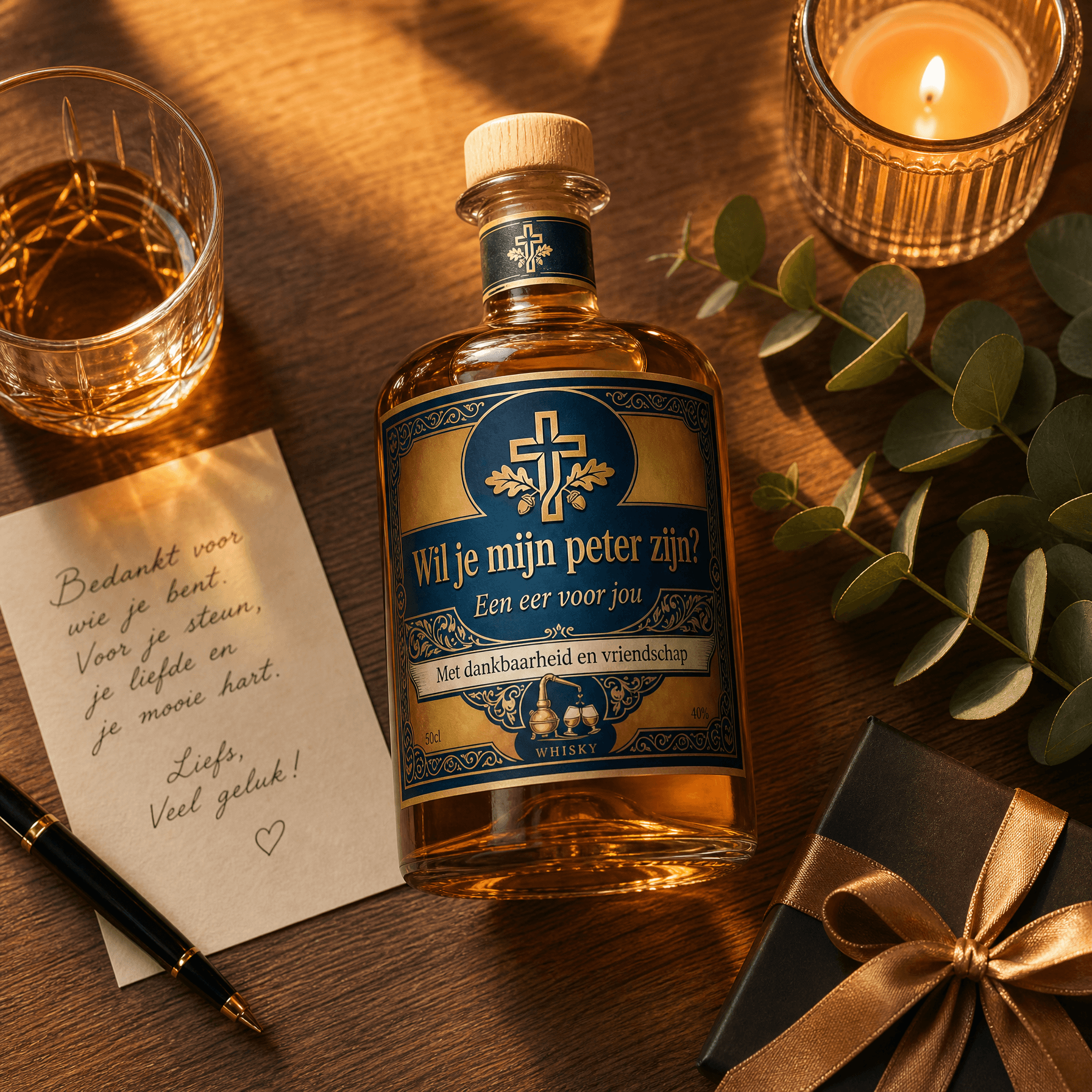 Gepersonaliseerde whisky met bedrukt label voor 'wil je mijn peter zijn'-cadeau, op warm hout met gouden licht en persoonlijke noot.