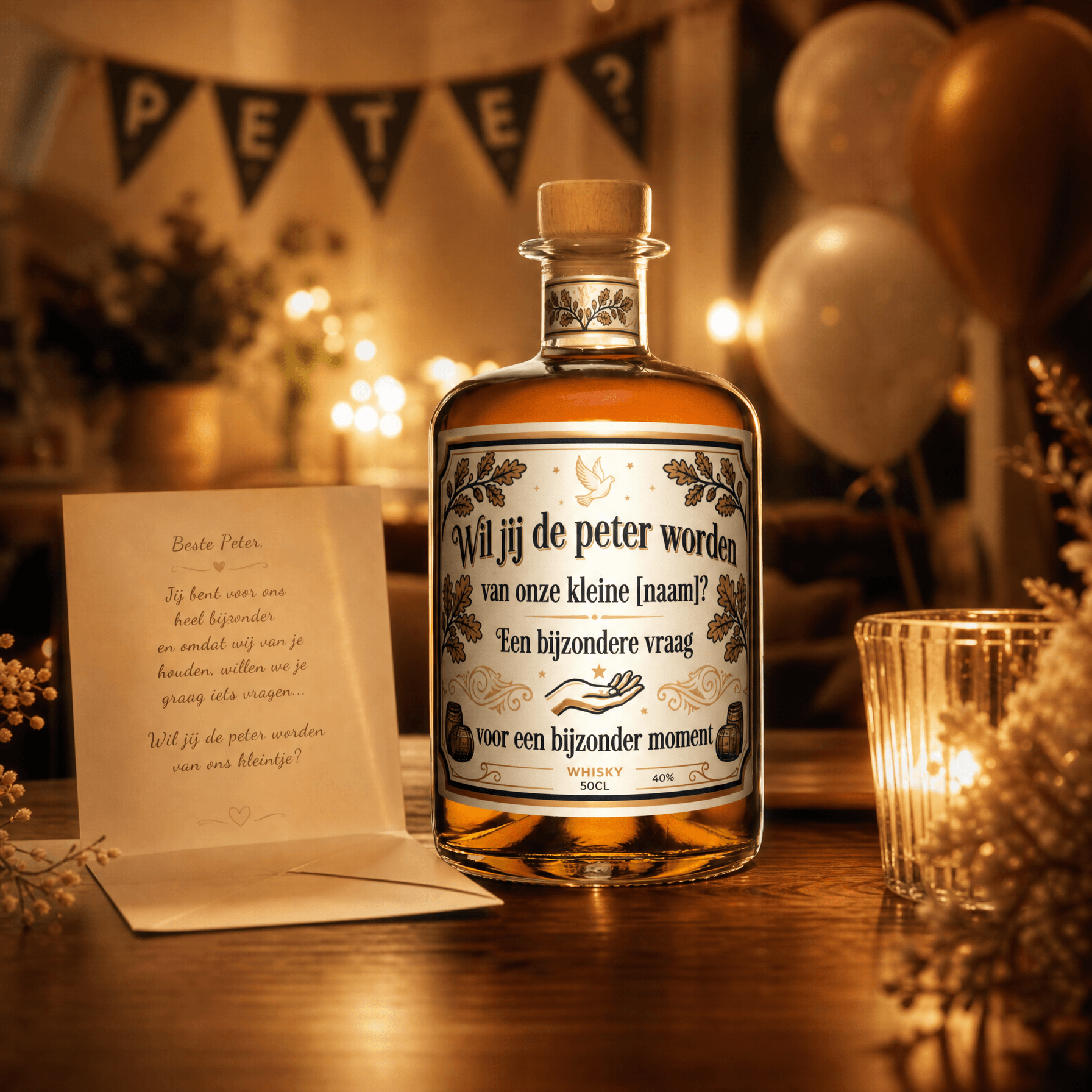 Gepersonaliseerde whiskyfles met bedrukt label voor 'wil je mijn peter zijn'-vraag, staand op houten tafel met uitnodigingskaart erbij.