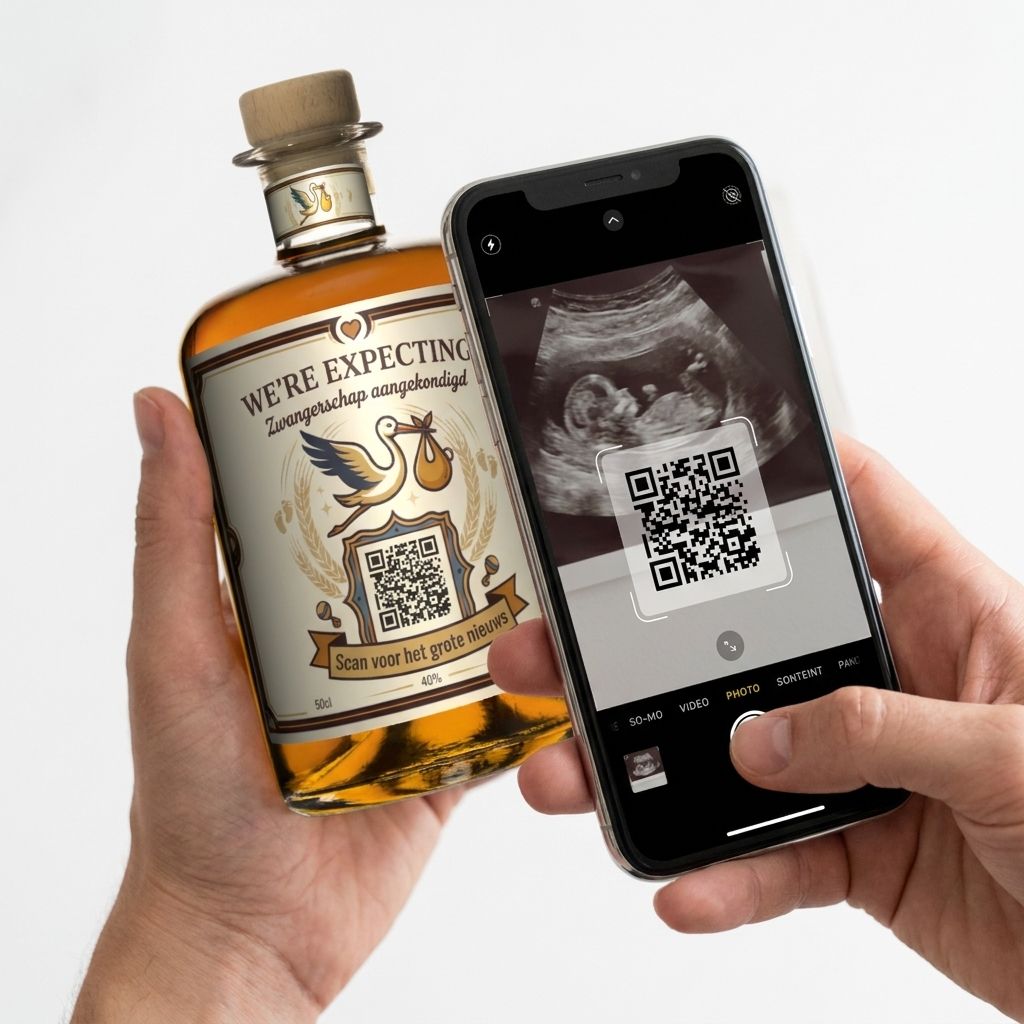 QR-code op whiskylabel koppelt naar zwangerschapsfoto voor peter-cadeau