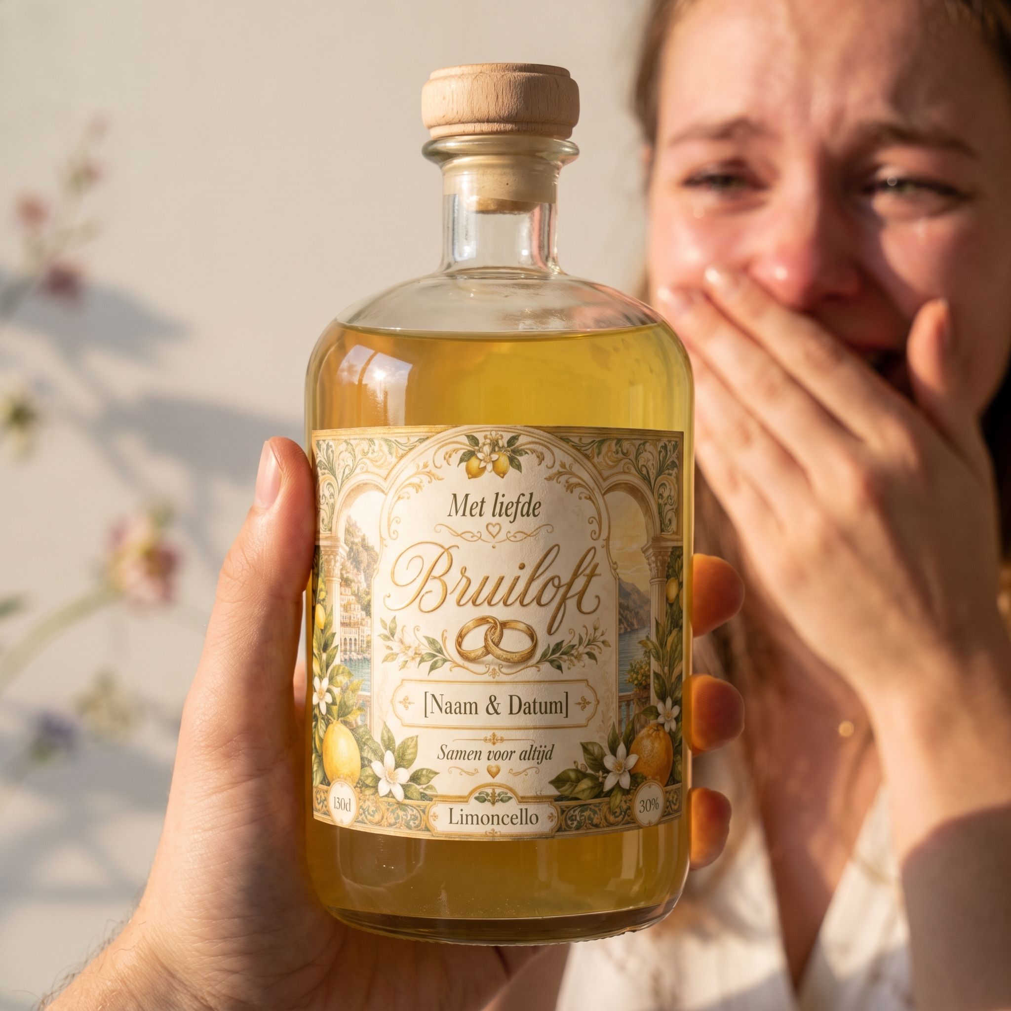 Gepersonaliseerde Limoncello met bedrukt etiket, uitgestald in een emotionaal bruiloftmoment als bijzonder getuigevraagcadeau.