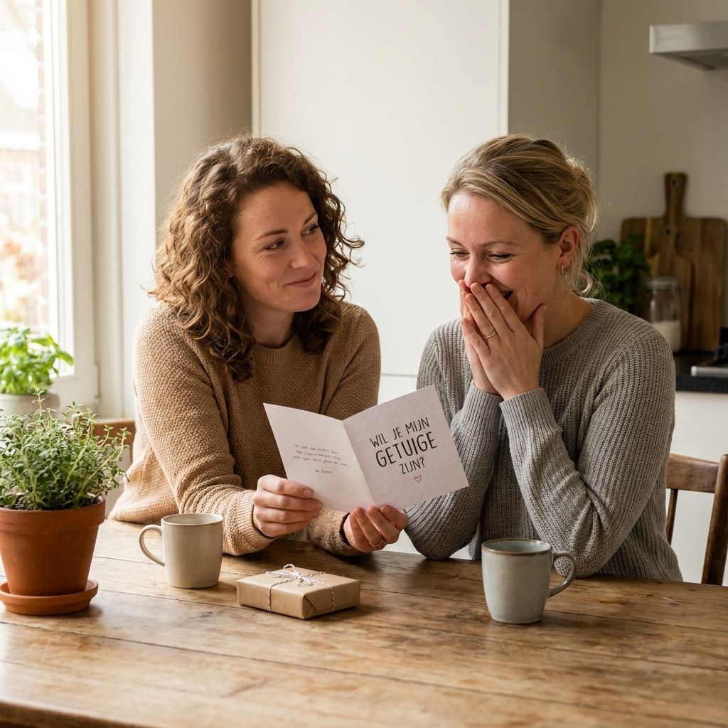 Vriend overhandigt persoonlijke kaart om getuige te vragen aan tafel