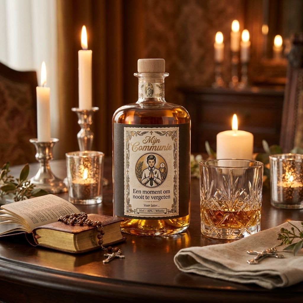 Gepersonaliseerde whisky als communiecadeau van peter, met naam en datum op het etiket, elegantly displayed met feestelijke sfeer.