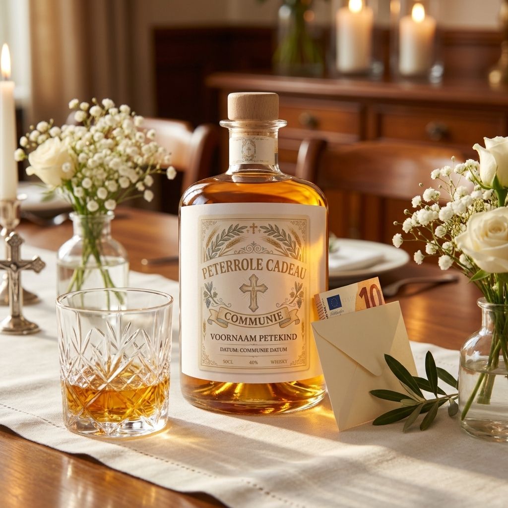 Gepersonaliseerde whisky met naam en datum van communie op het etiket, op feestelijke tafel met glas en wit bloemendecor.