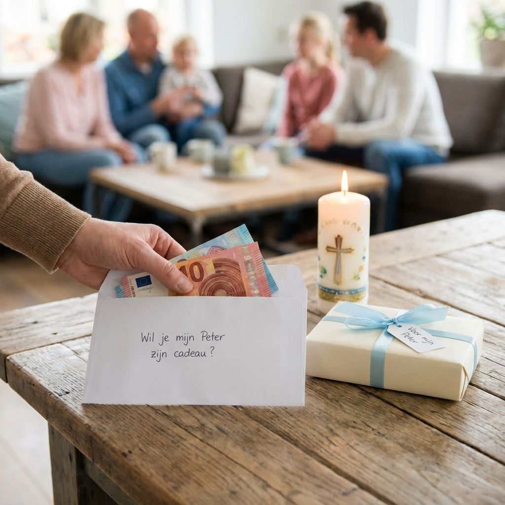 Peter overhandigt envelop met geld en cadeau bij communie van petekind