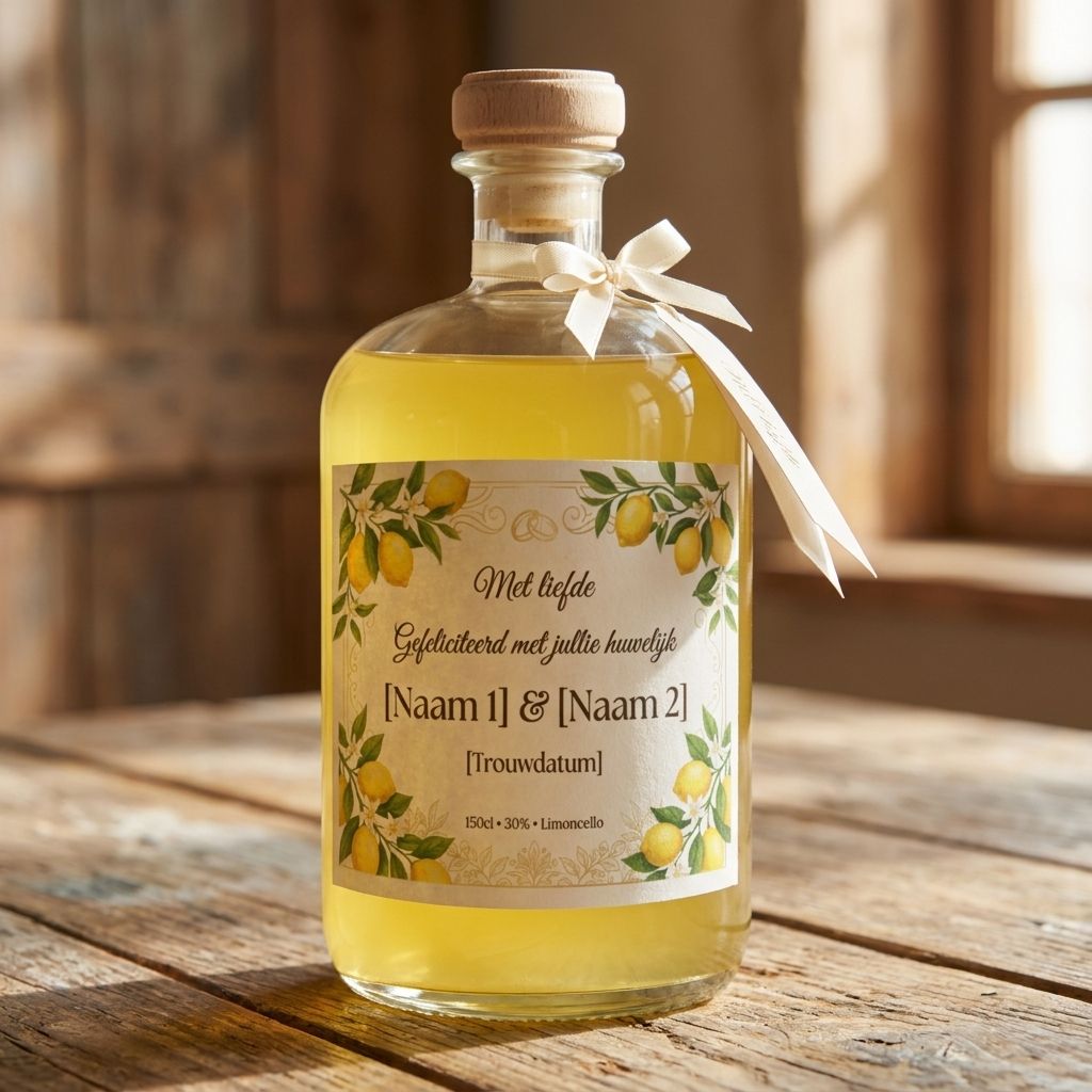 Gepersonaliseerde limoncello met naam en trouwdatum als betaalbaar huwelijkscadeau
