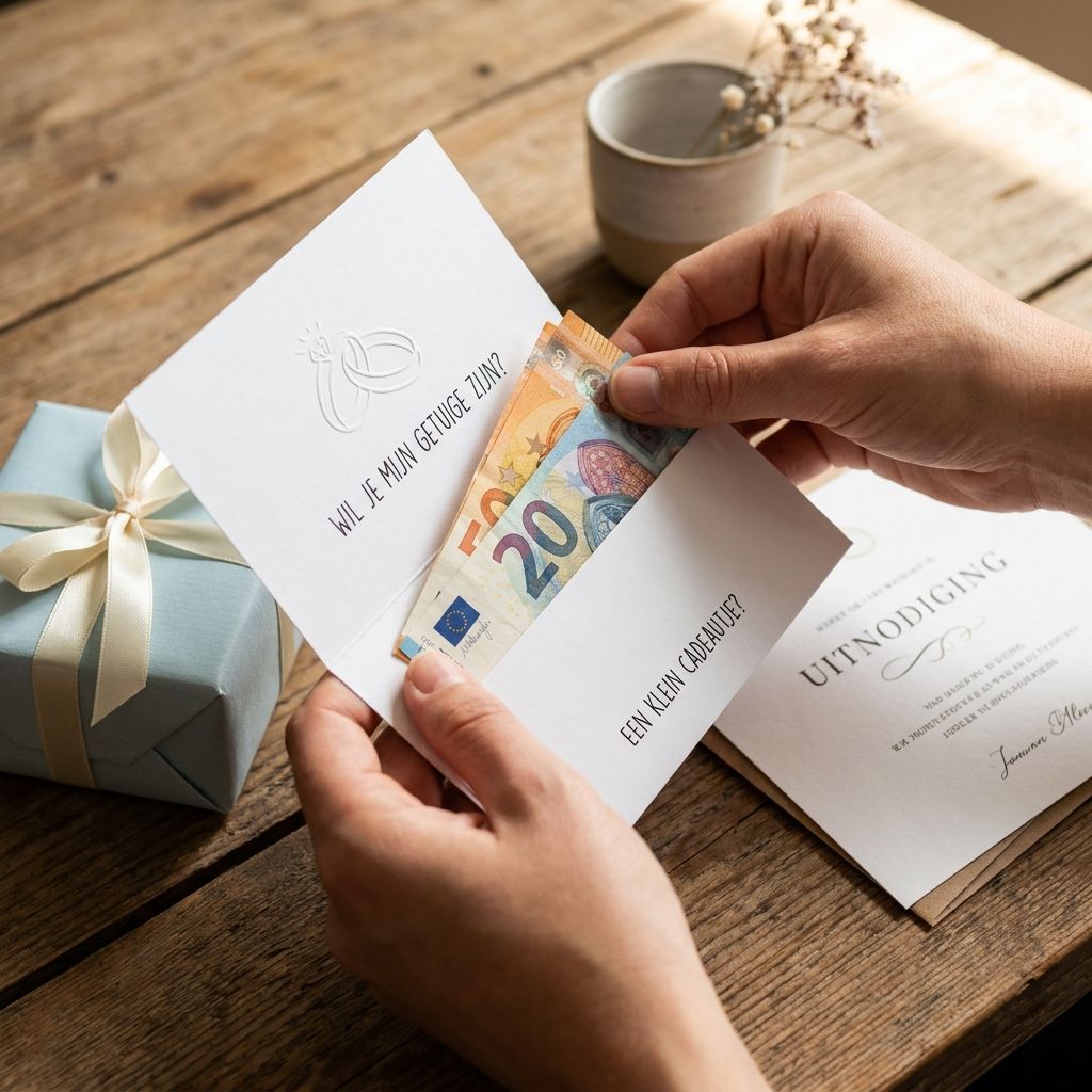Getuige stopt geld in een wenskaart naast een cadeau voor het bruidspaar