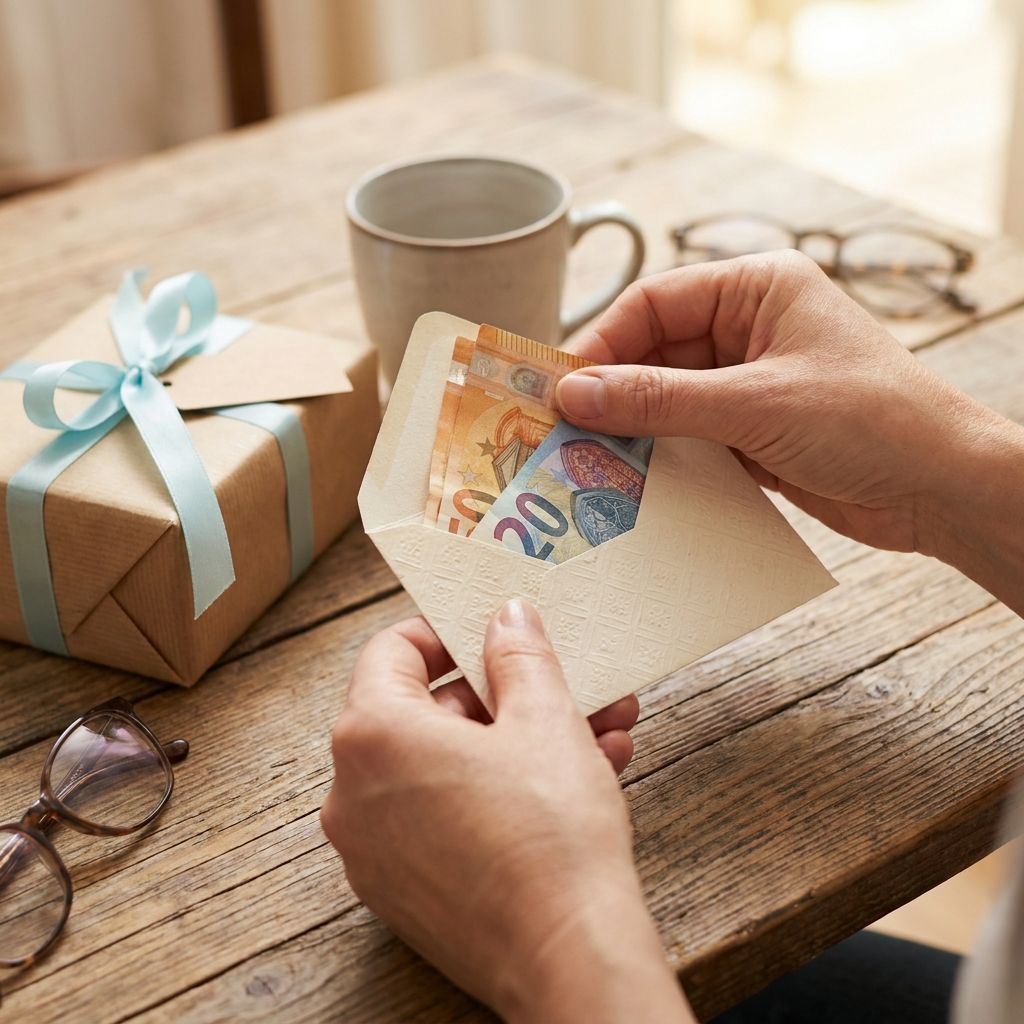 Peter stopt geldbedrag in envelop naast ingepakt cadeau voor petekind.